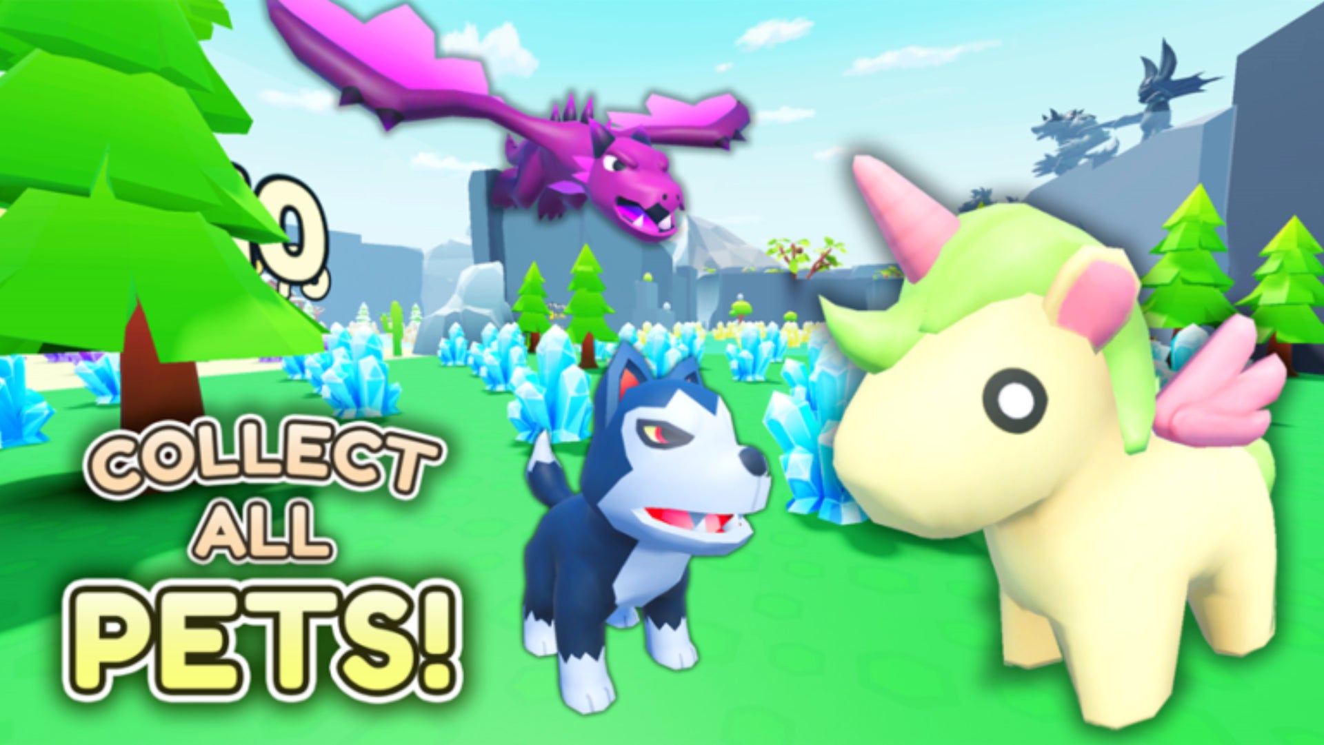 Roblox Collect All Pets, official TwoZoos game artwork featuring a  Husky, a Wyvern and a Unicorn