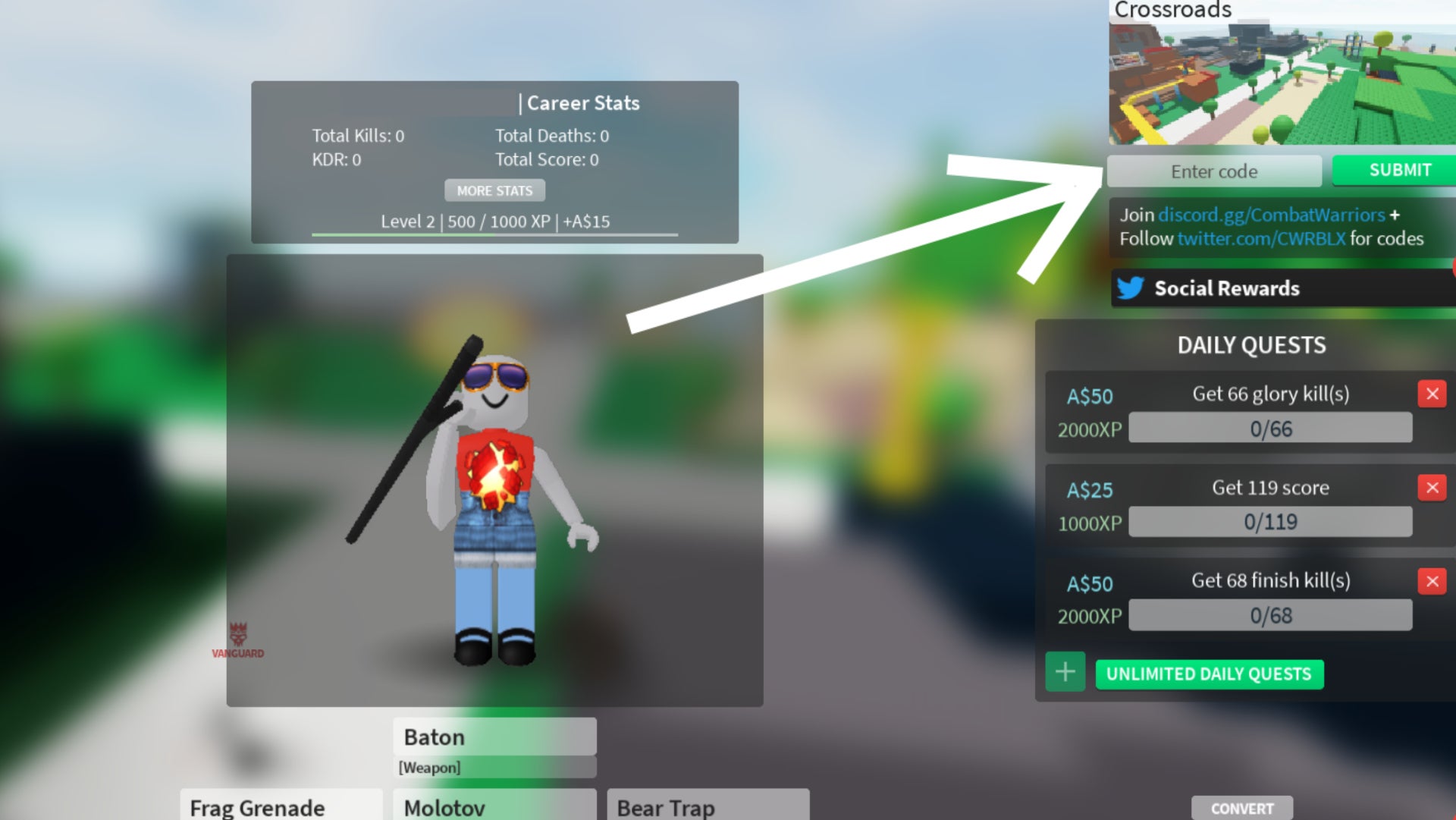 Roblox Combat Warriors code redemption menu, a white arrow is pointing to the code redemption box in the top right-hand corner.