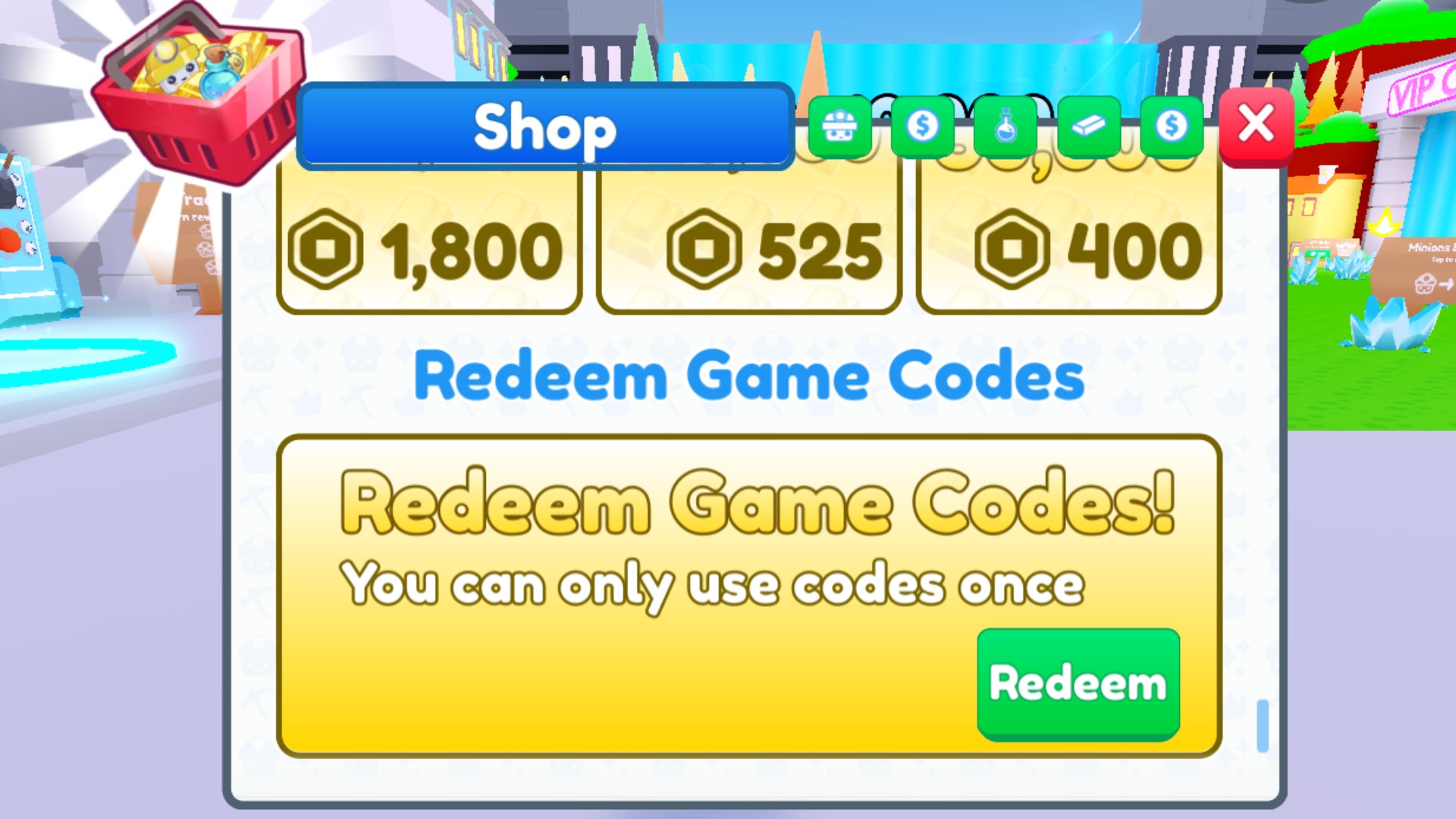 Minion Simulator shop menu, the redeem game codes section is in the center of a yellow window.
