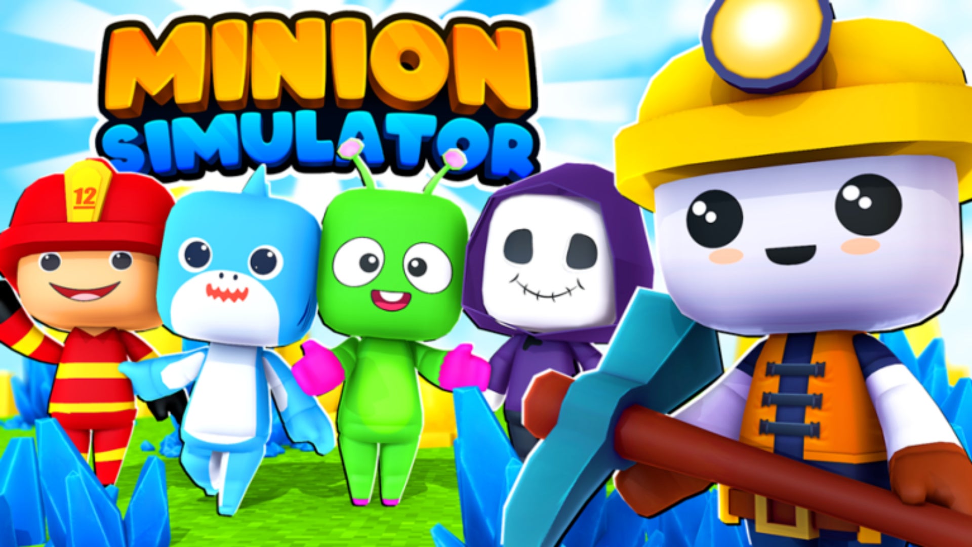 Roblox Minion Simulator Official Artwork, a Miner stands in the foreground and a fireman, shark, alien, and ghost are behind.