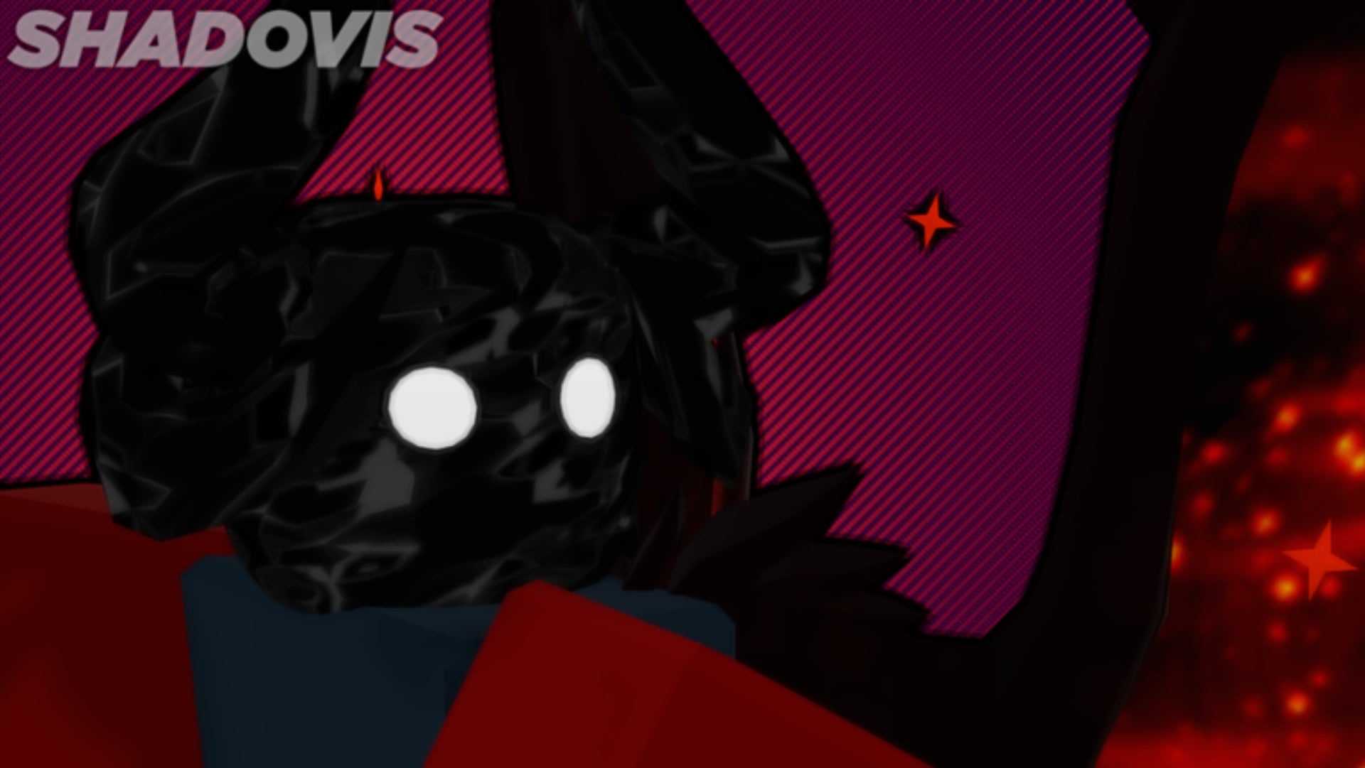 Roblox Shadovis RPG official art, a shadow figure with white eyes is lurking in front of a dark purple and red background