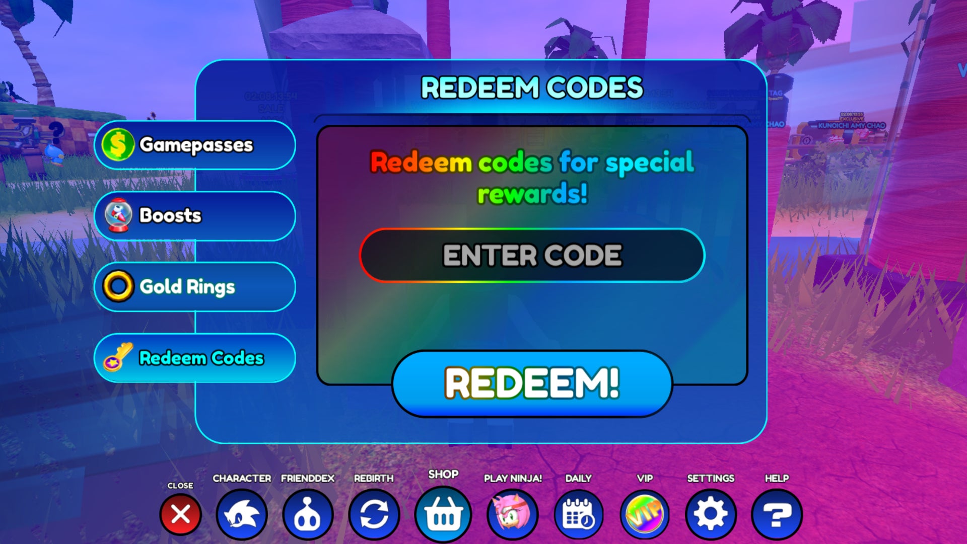 Roblox Sonic Speed Simulator Code Redemption Menu