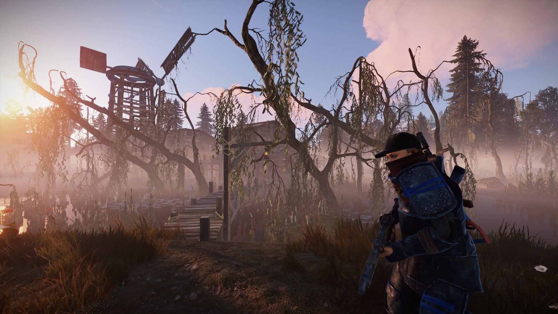 A player walks through a boggy marsh with buildings in the distance in Rust.