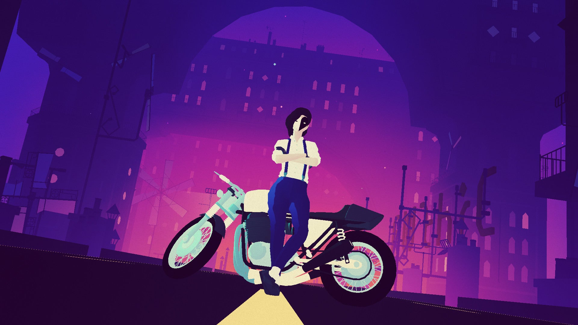 A character stands in front of a motorbike in Sayonara Wild Hearts
