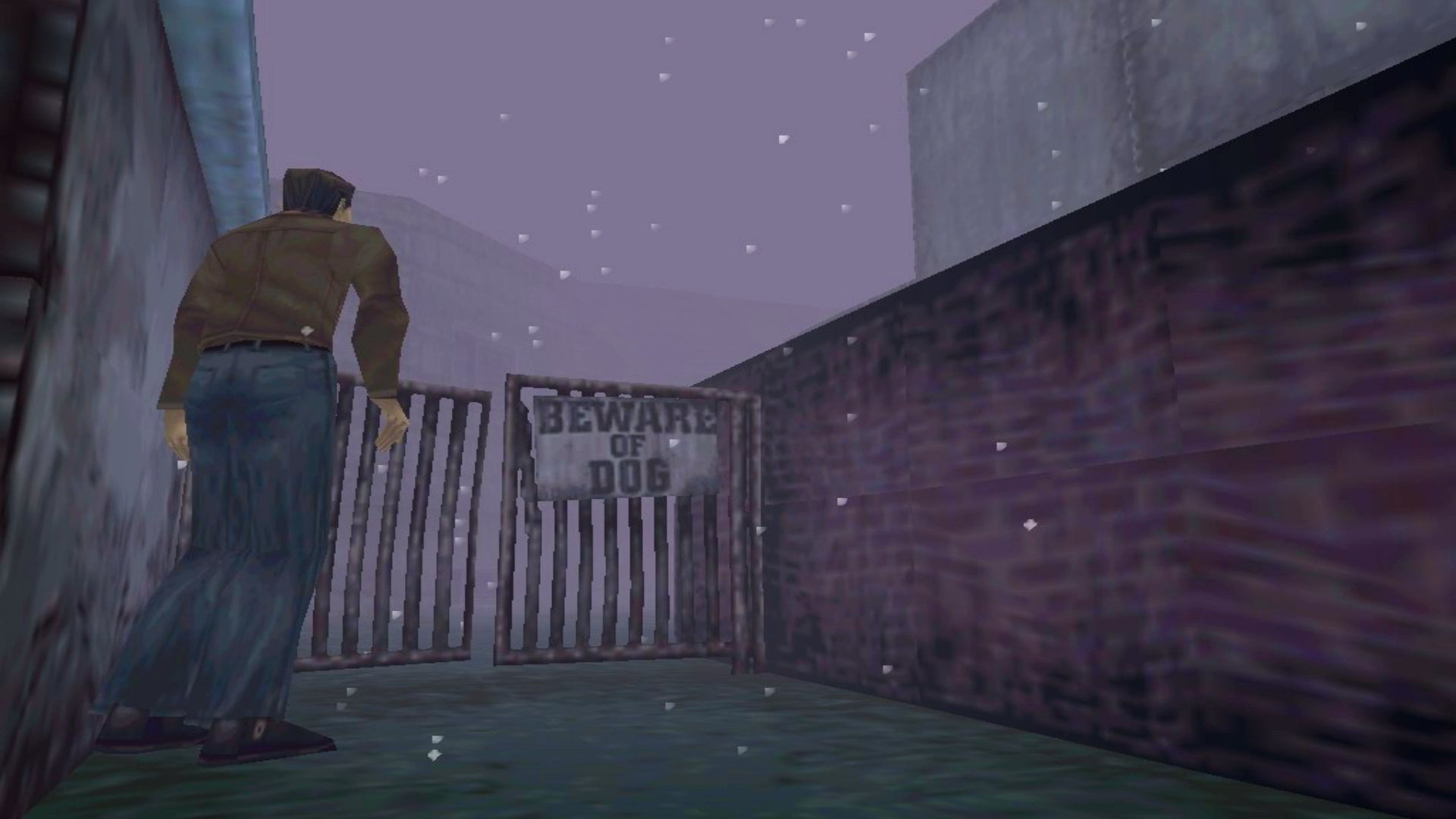A scene from Silent Hill that shows James approaching a gate marked 'BEWARE OF DOG'.
