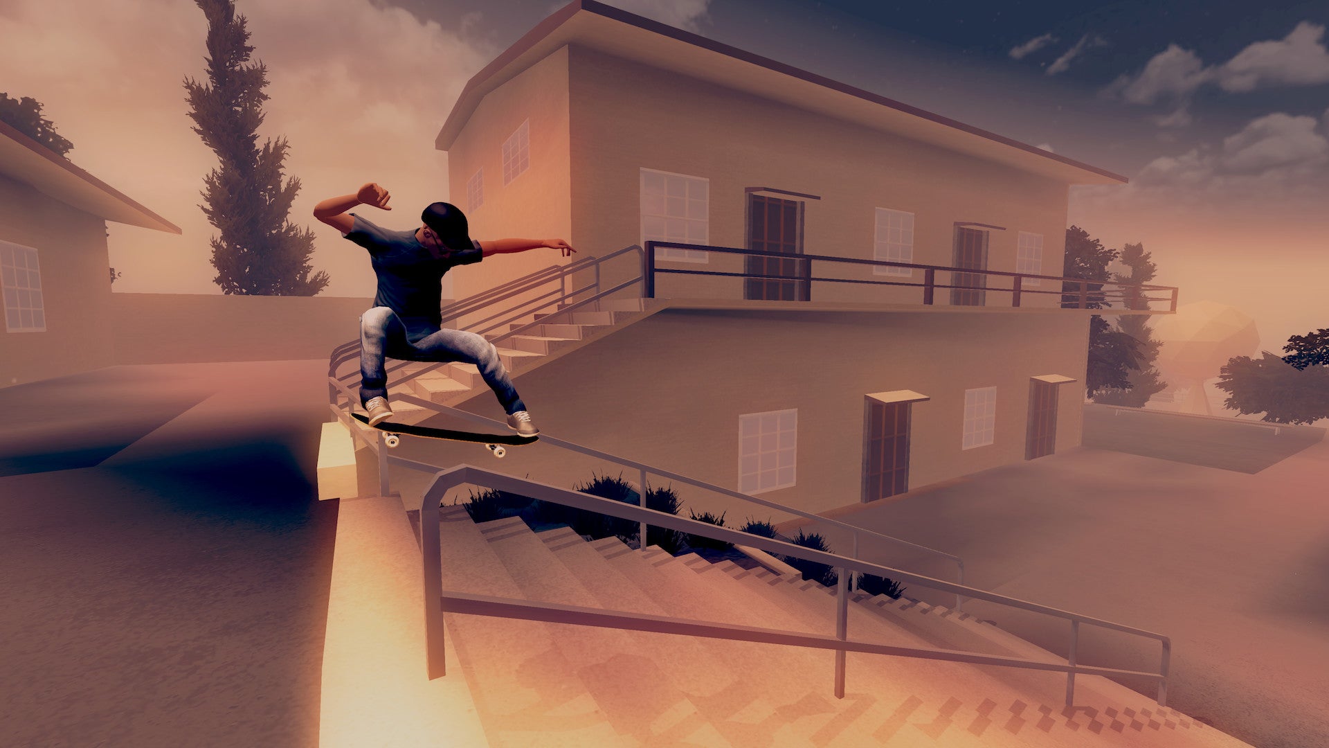 The player character skates along a stair railing in Skate City