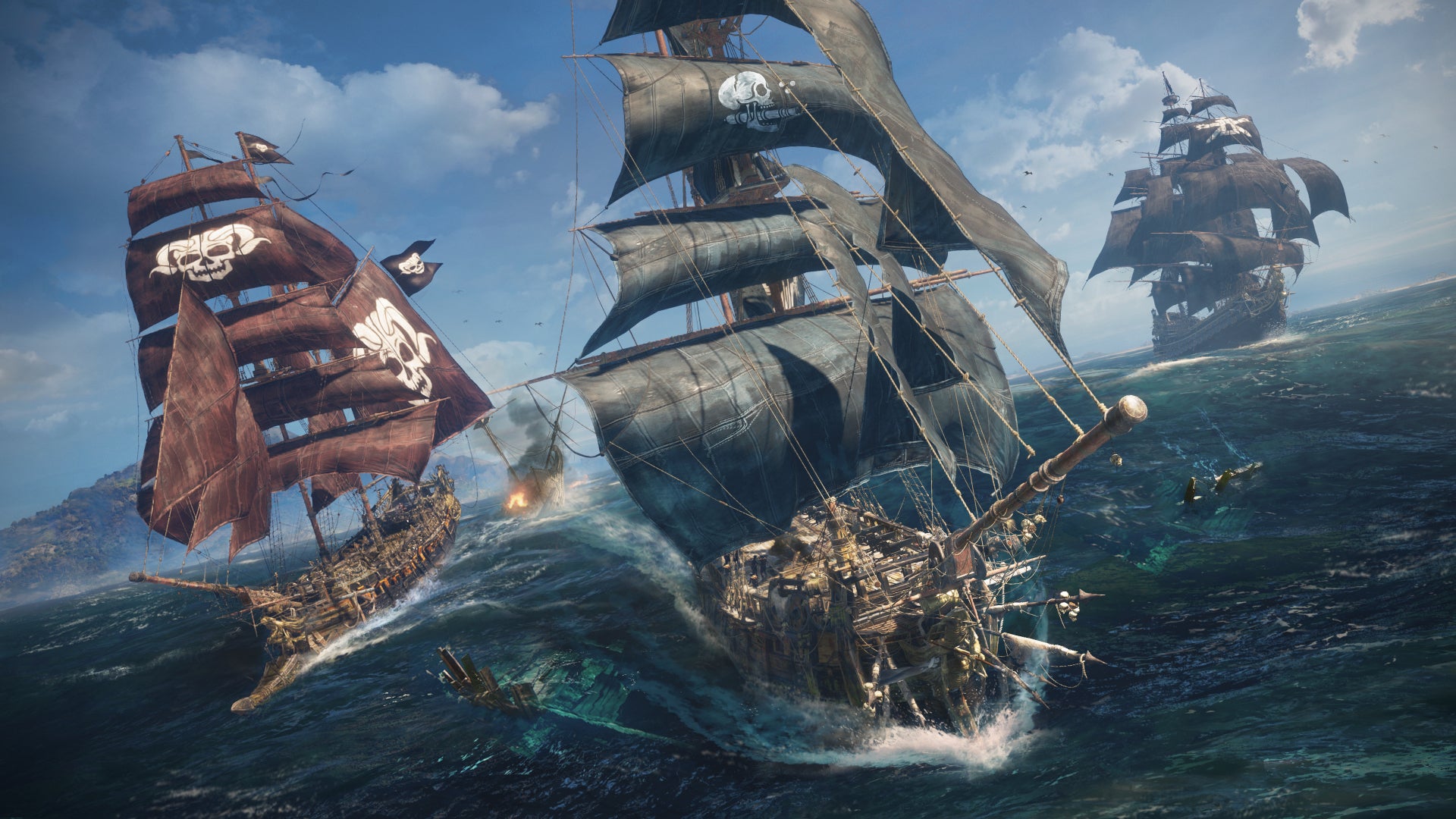 Three pirate ships sail alongside each other on the Indian Ocean in Ubisoft game, Skull and Bones.