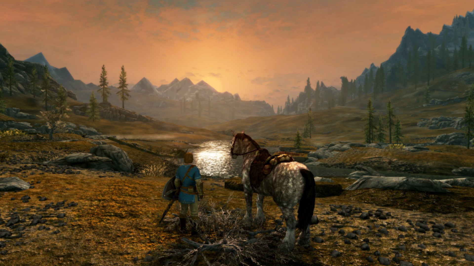 A Skyrim player in Hyrule gear stands beside a horse
