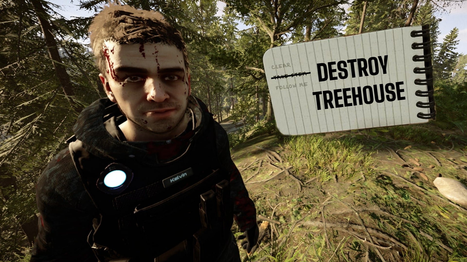 De speler kijkt naar Kelvin naast een notitieblok en leest het commando 'vernietig boomhut' in Sons of the Forest