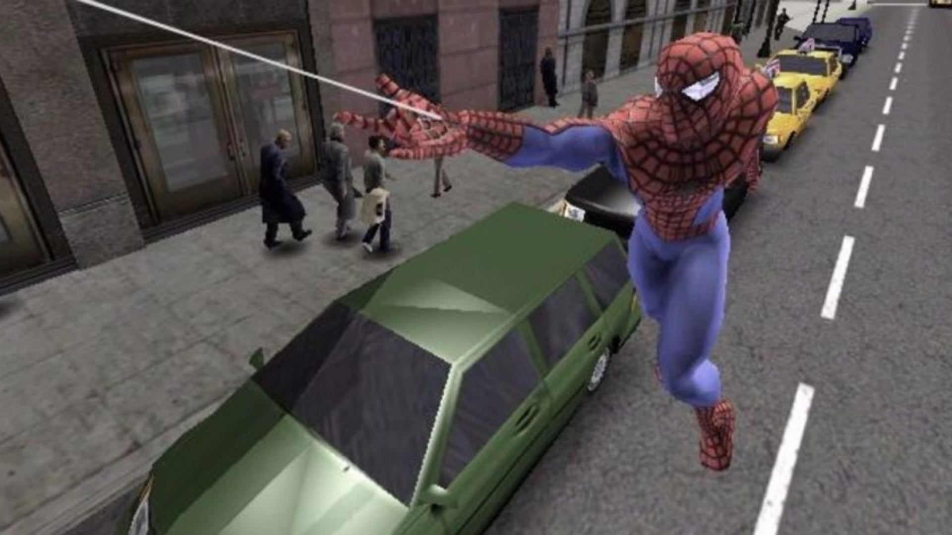 Spider-Man webs between building in Spider-Man 2