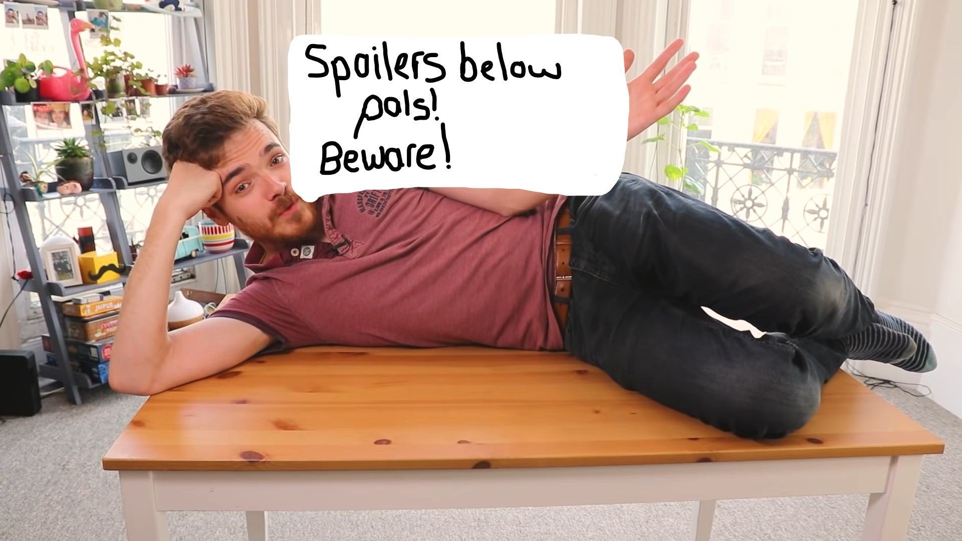 Chris Bratt giving a grave warning about spoilers.
