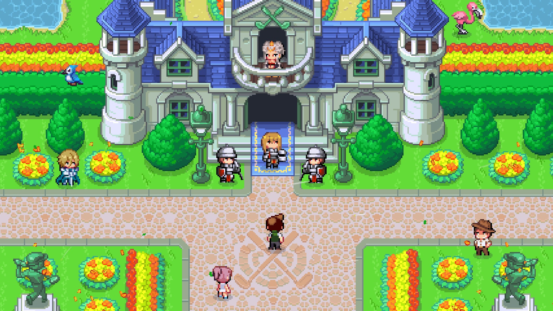 The player and other characters stand in front of a castle in Sports Story