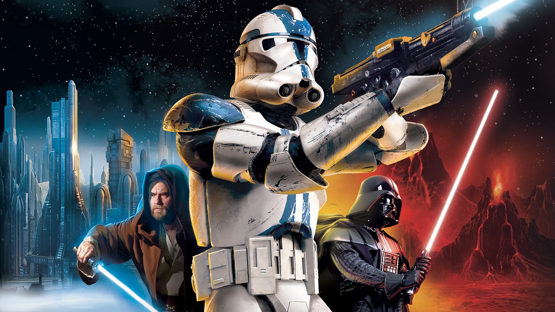 Star Wars Battlefront 2 artwork featuring, from left to right: Obi Wan, a Storm Trooper, and Darth Vader