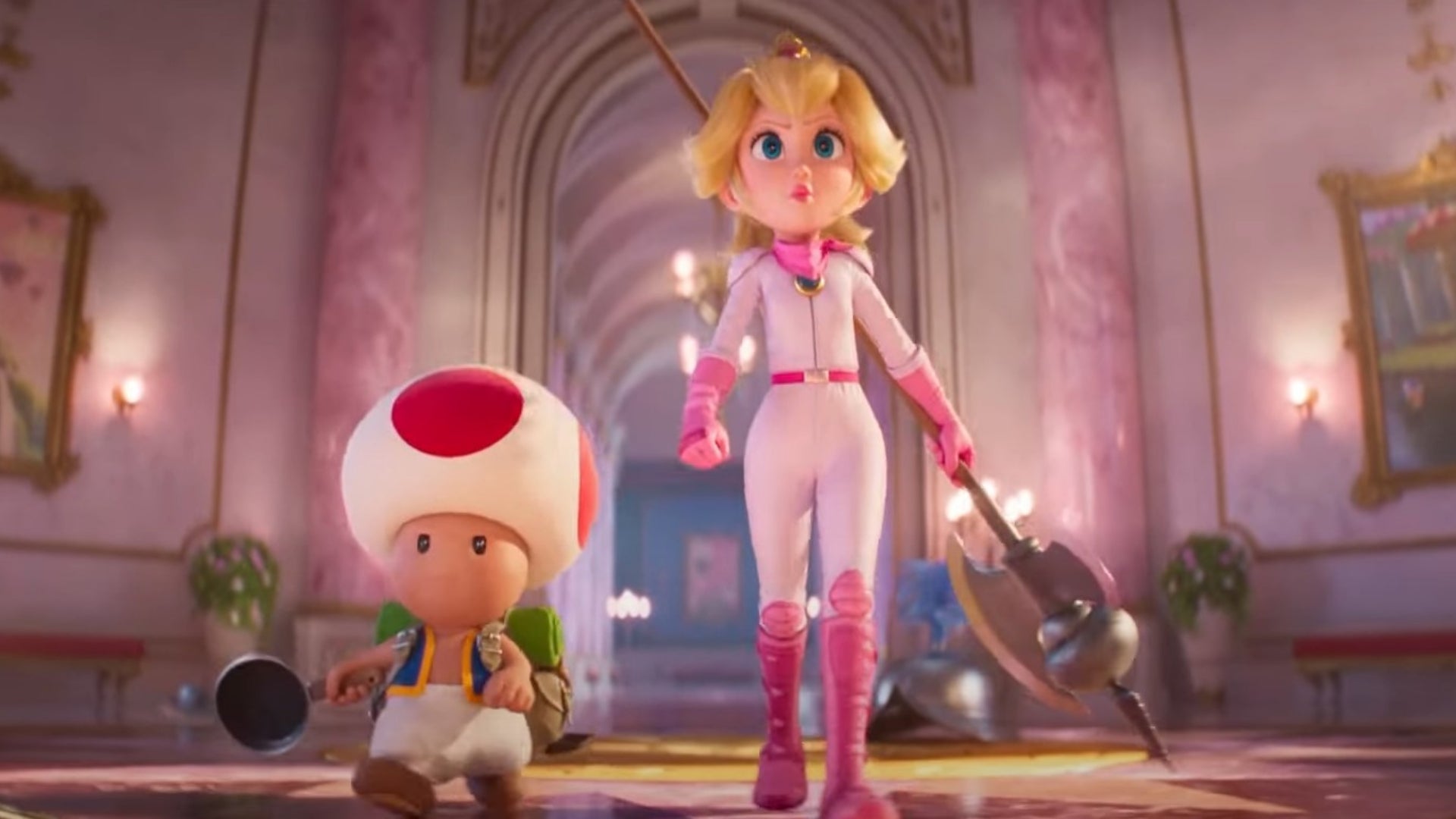 Toad and Peach in the Super Mario Bros movie trailer