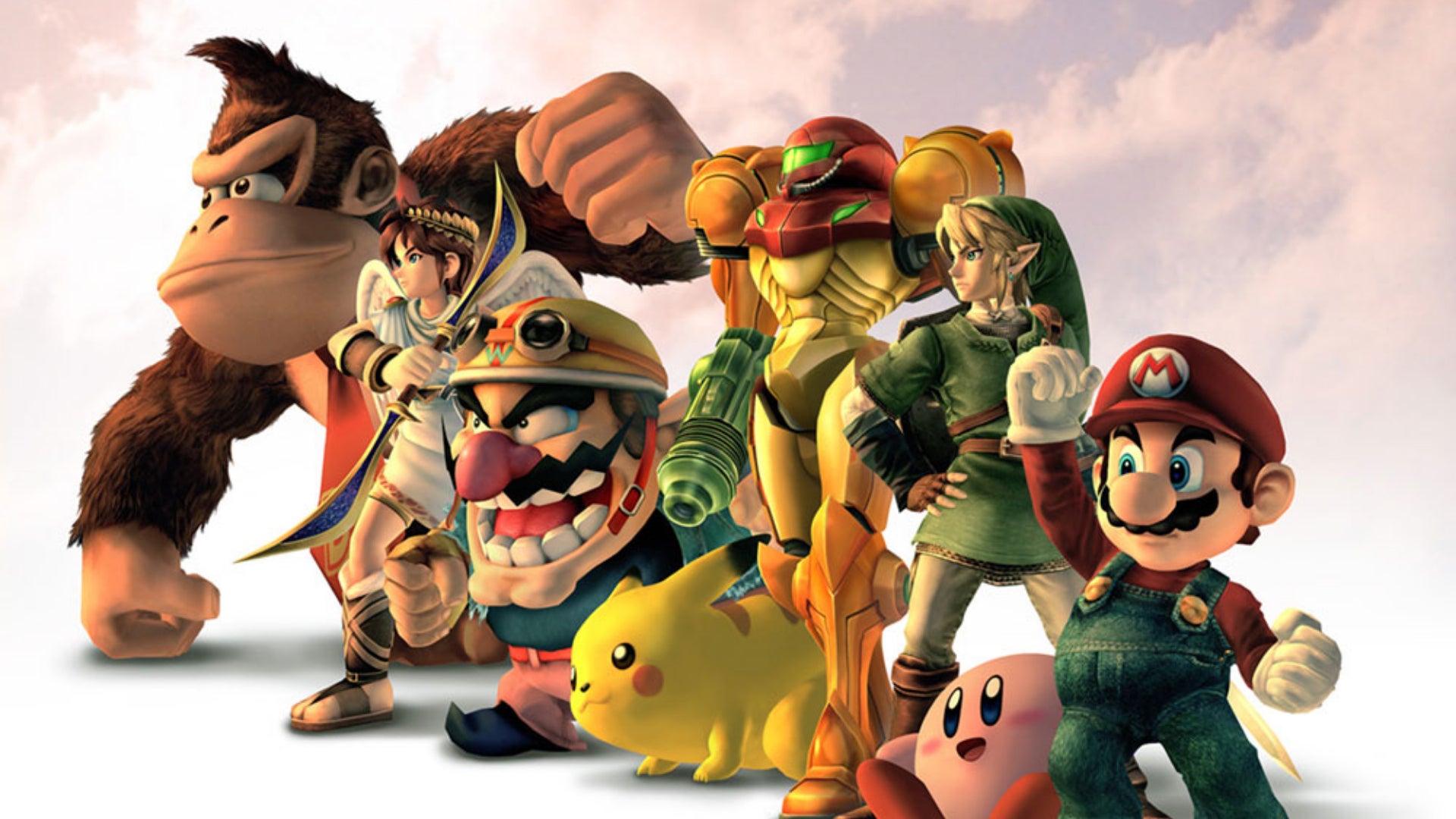 A roster of characters from Super Smash Bros. Brawl are shown, including Donkey Kong, Mario, Samus, Link, Kirby, Pikachu, Wario, and more