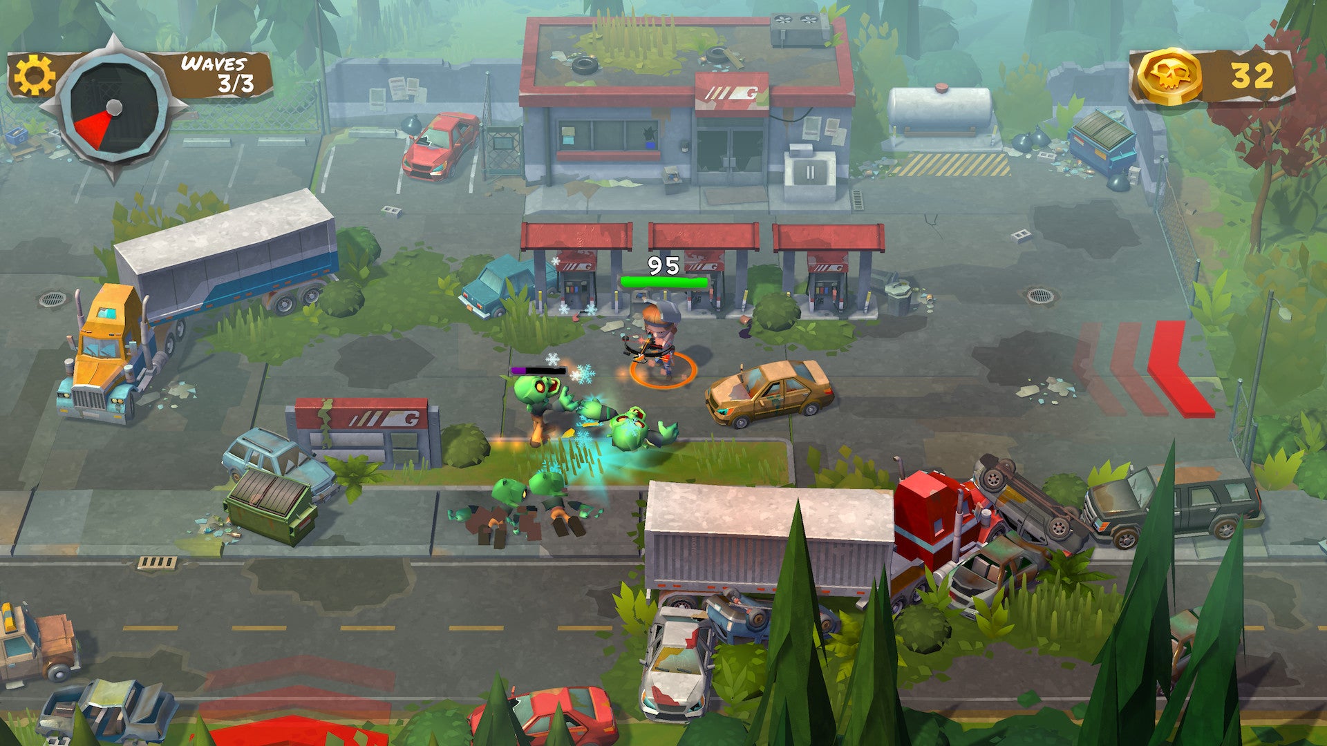 The player takes on zombies at a gas station in Survival Z