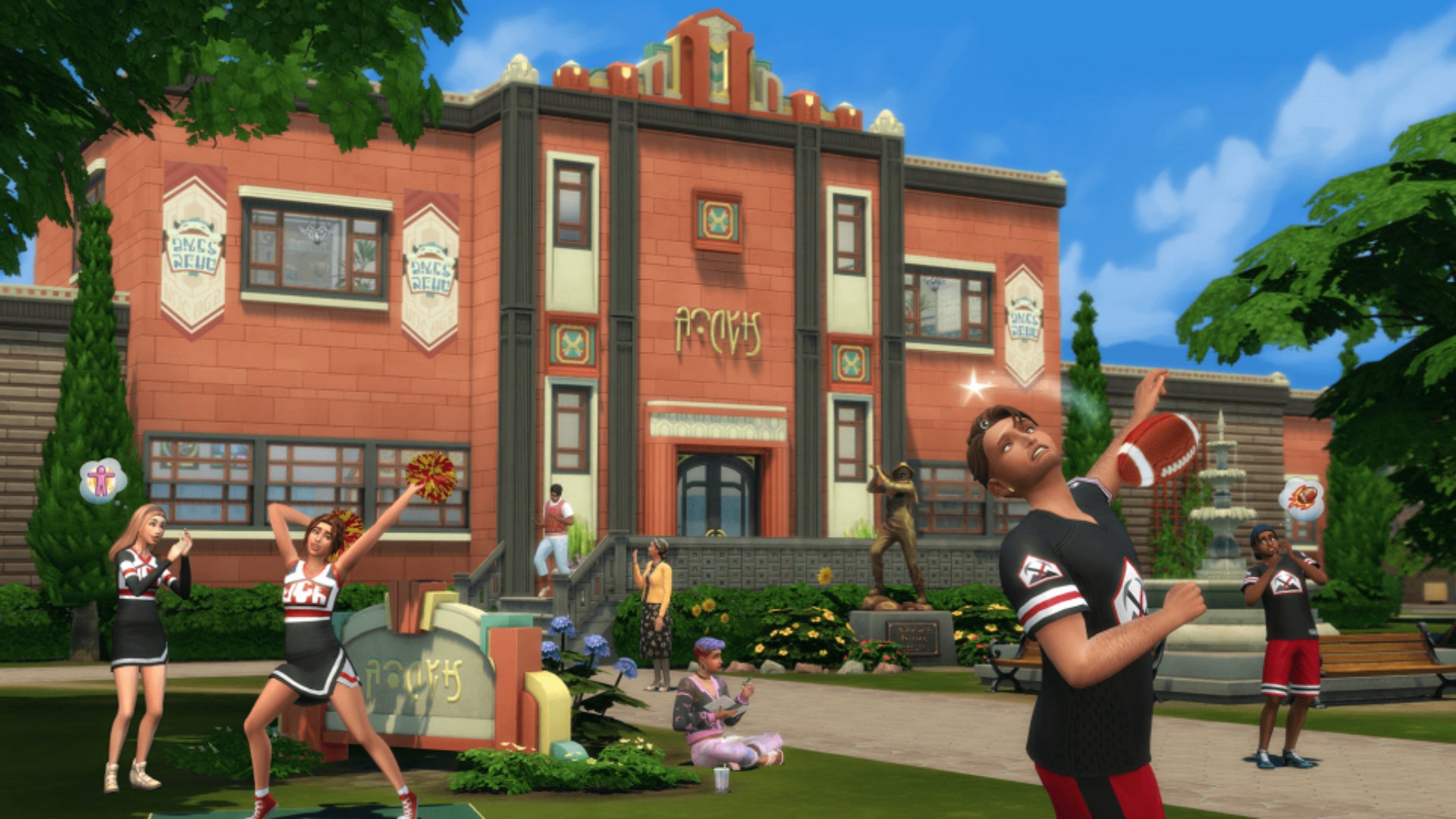 The front of a high school in The Sims 4 High School Years can be seen. A few sims are cheerleading out the front, while one football player is being hit in the face with the ball.