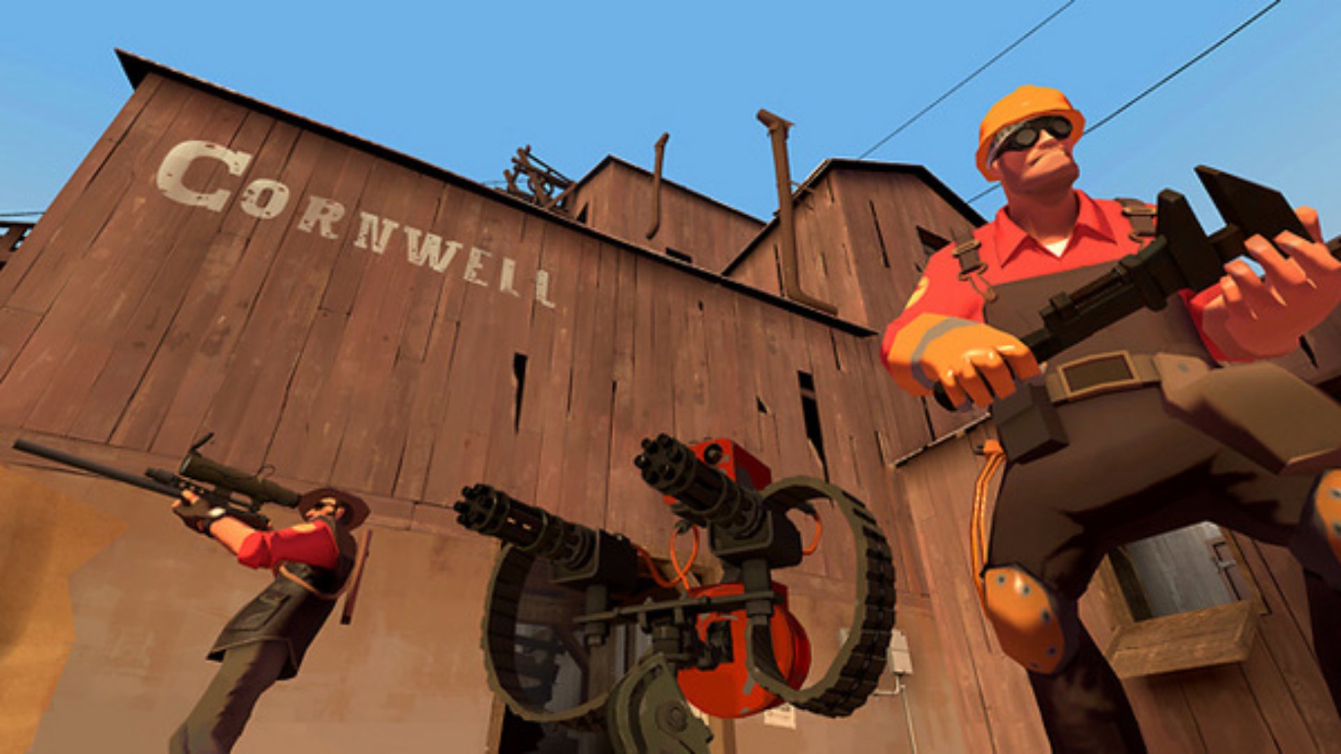 Two characters can be seen beside a turret in Team Fortress 2