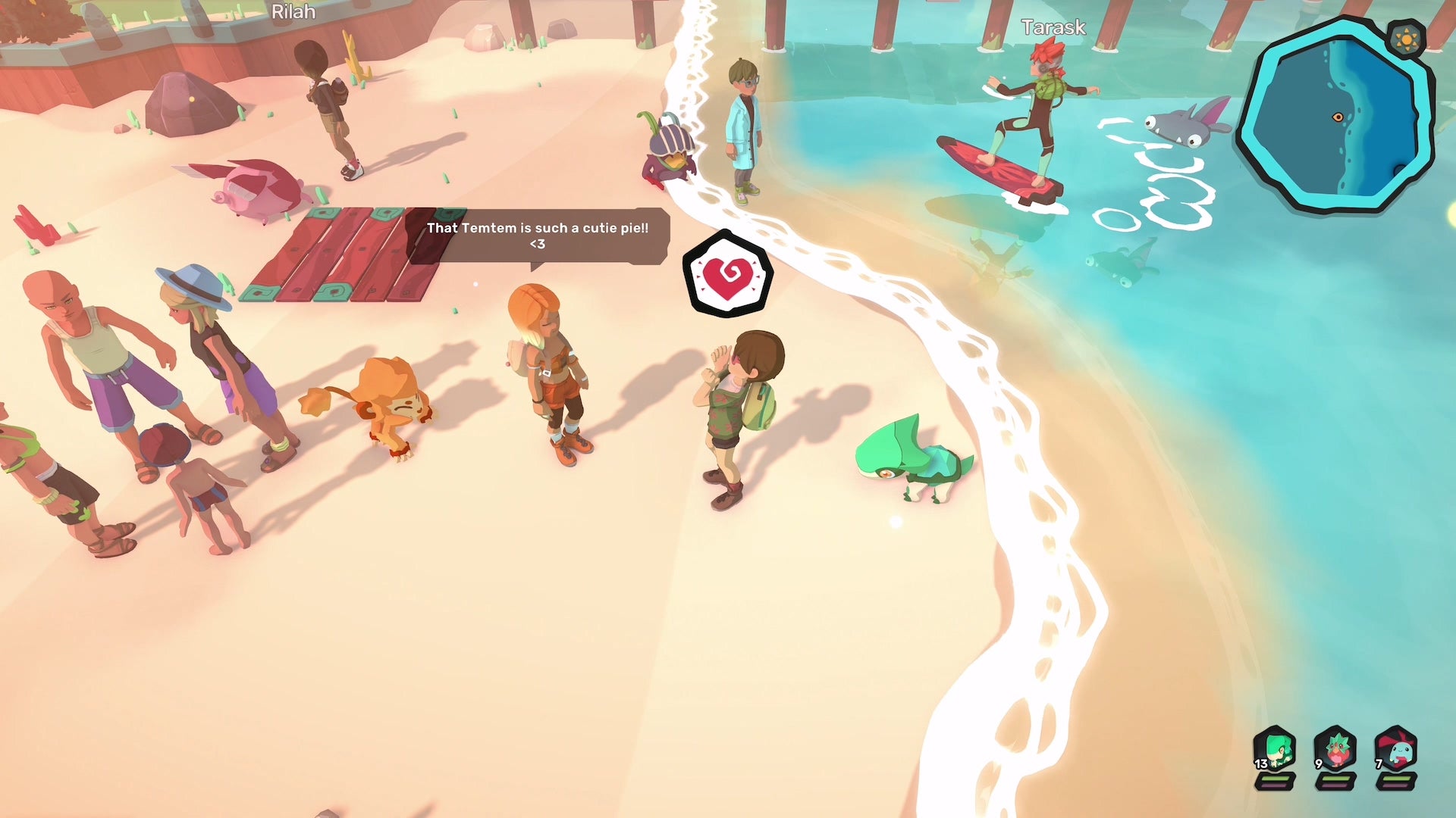 A Temtem player stands with other players on the beach