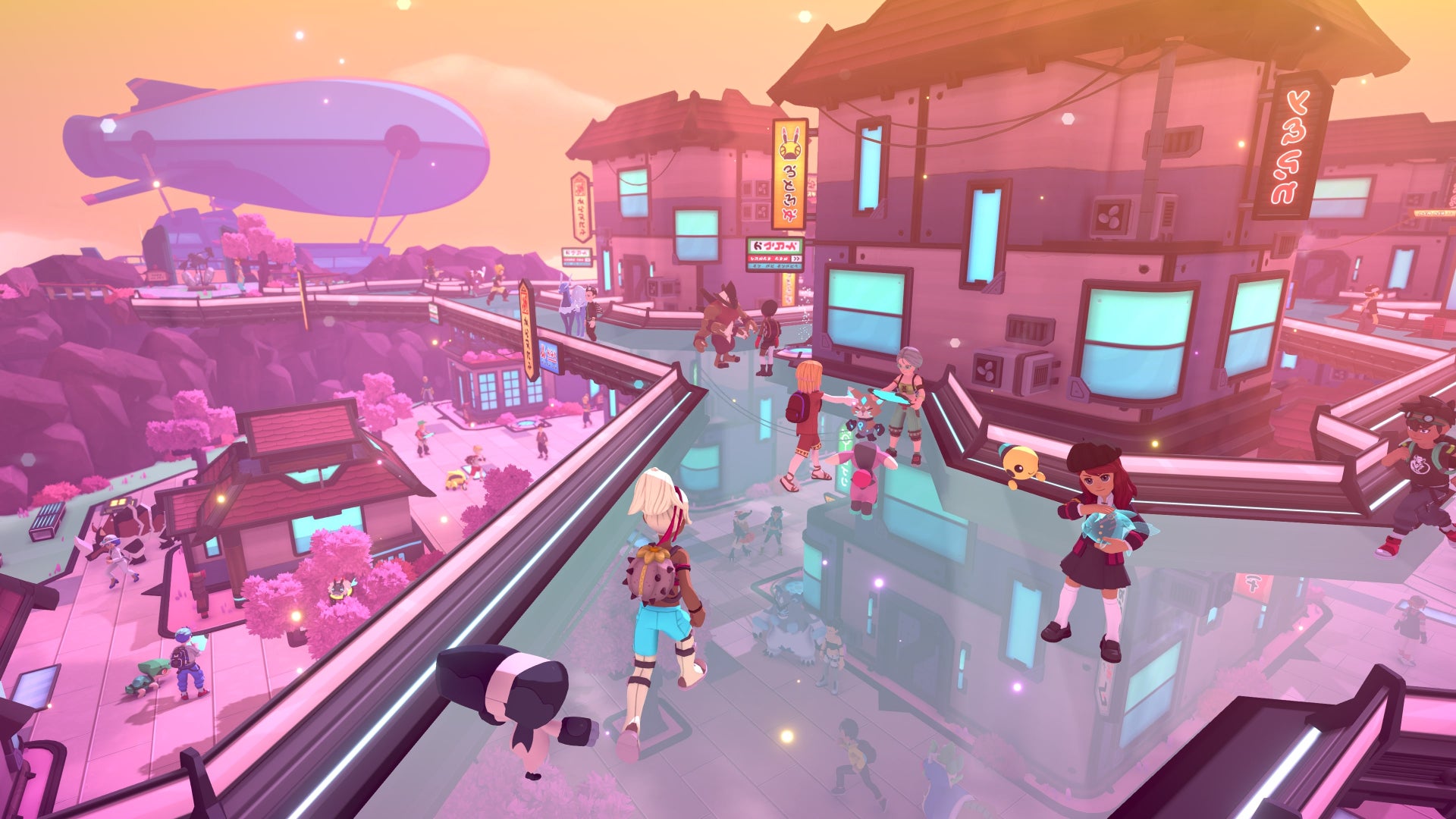 Players can be seen walking around a city in Temtem