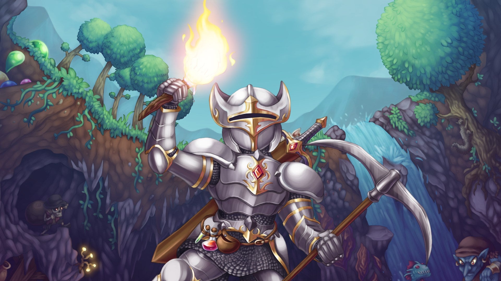A knight wields a torch and pickaxe in this Terraria artwork.