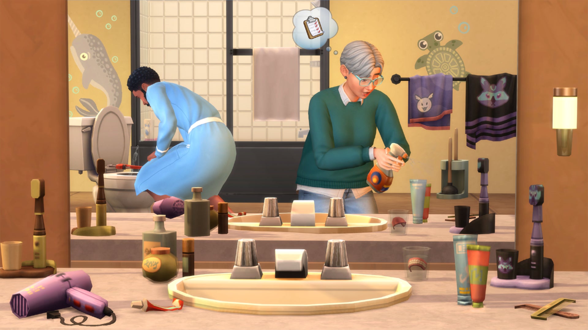An asset showing two Sims tidying their bathroom in The Sims 4 Bathroom Clutter Kit