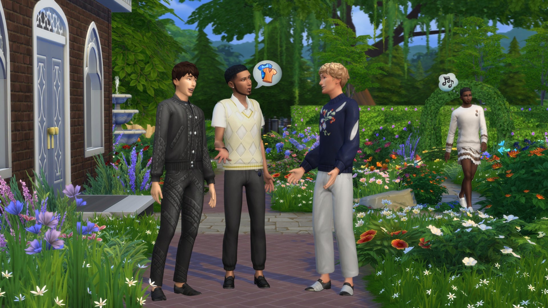 Asset from The Sims 4's Modern Menswear DLC Kit showing three sims talking to each other