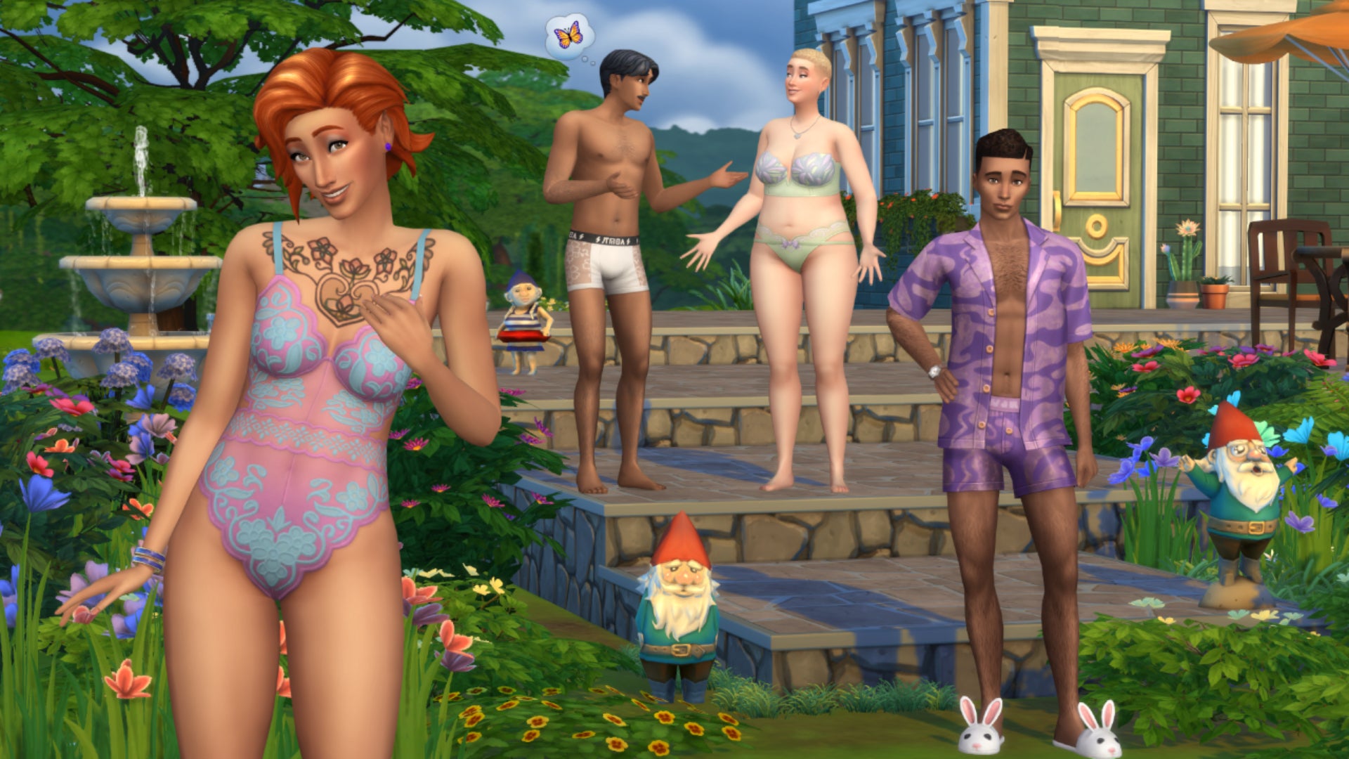 An asset showing four Sims in lingerie and loungewear in The Sims 4 Simtimates Collection Kit