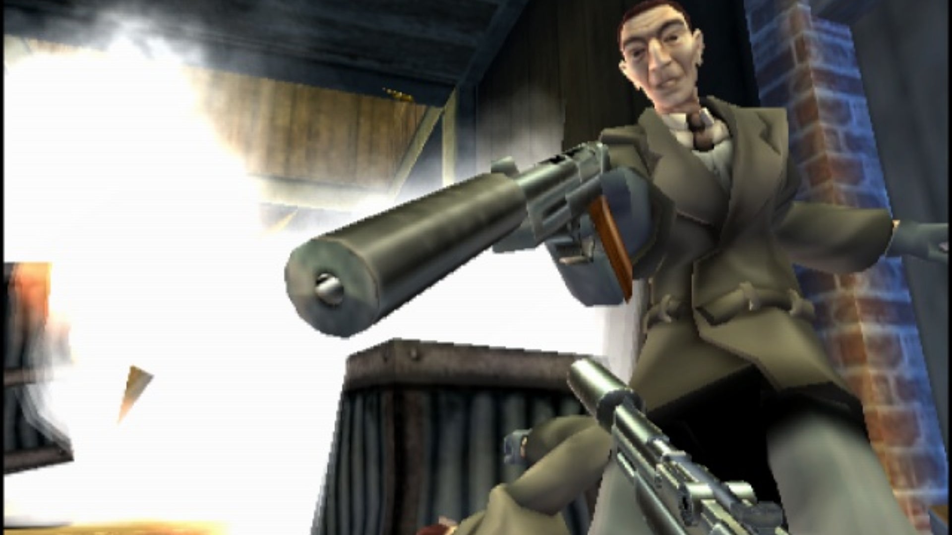 A character has a gun pointed at them in TimeSplitters 2