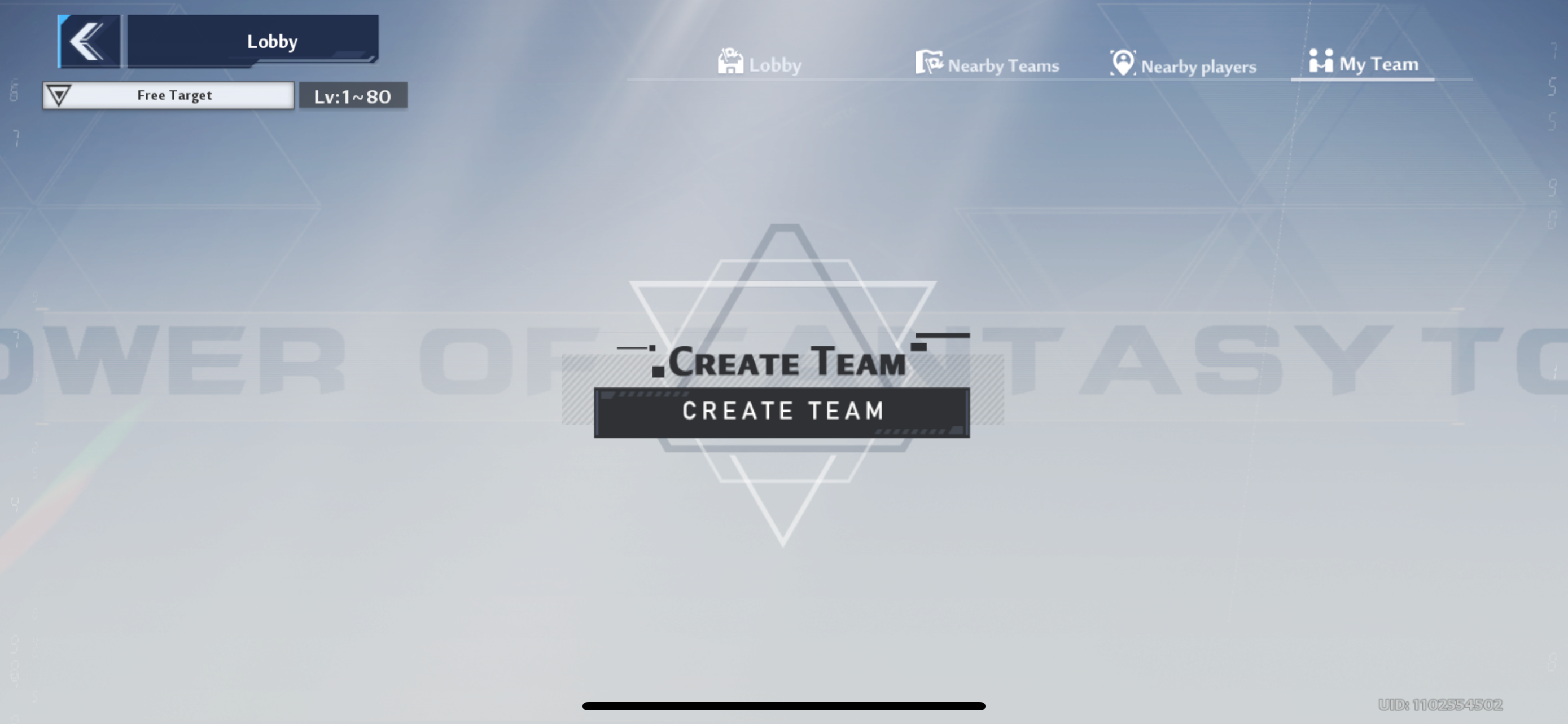 The team menu where players can create their own team in Tower of Fantasy.