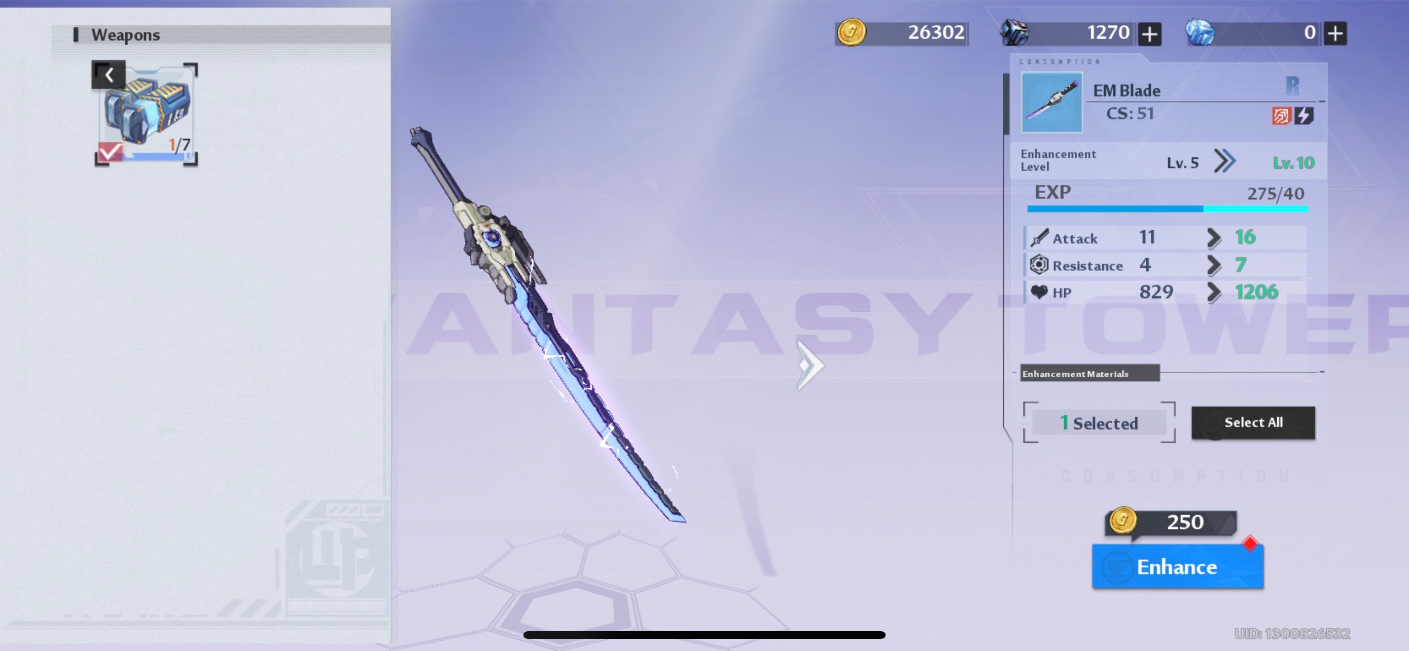 The weapon enhancement menu for the EM Blade in Tower of Fantasy is shown.
