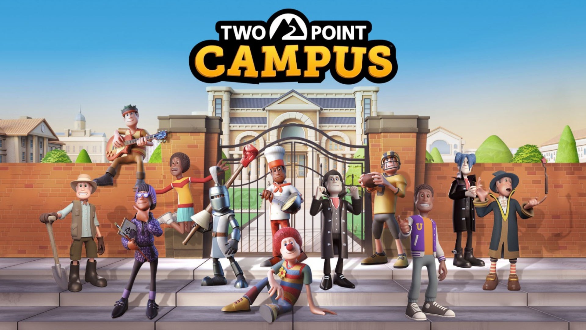 An array of students from varying subjects are shown standing outside of a college gate in this Two Point Campus artwork.