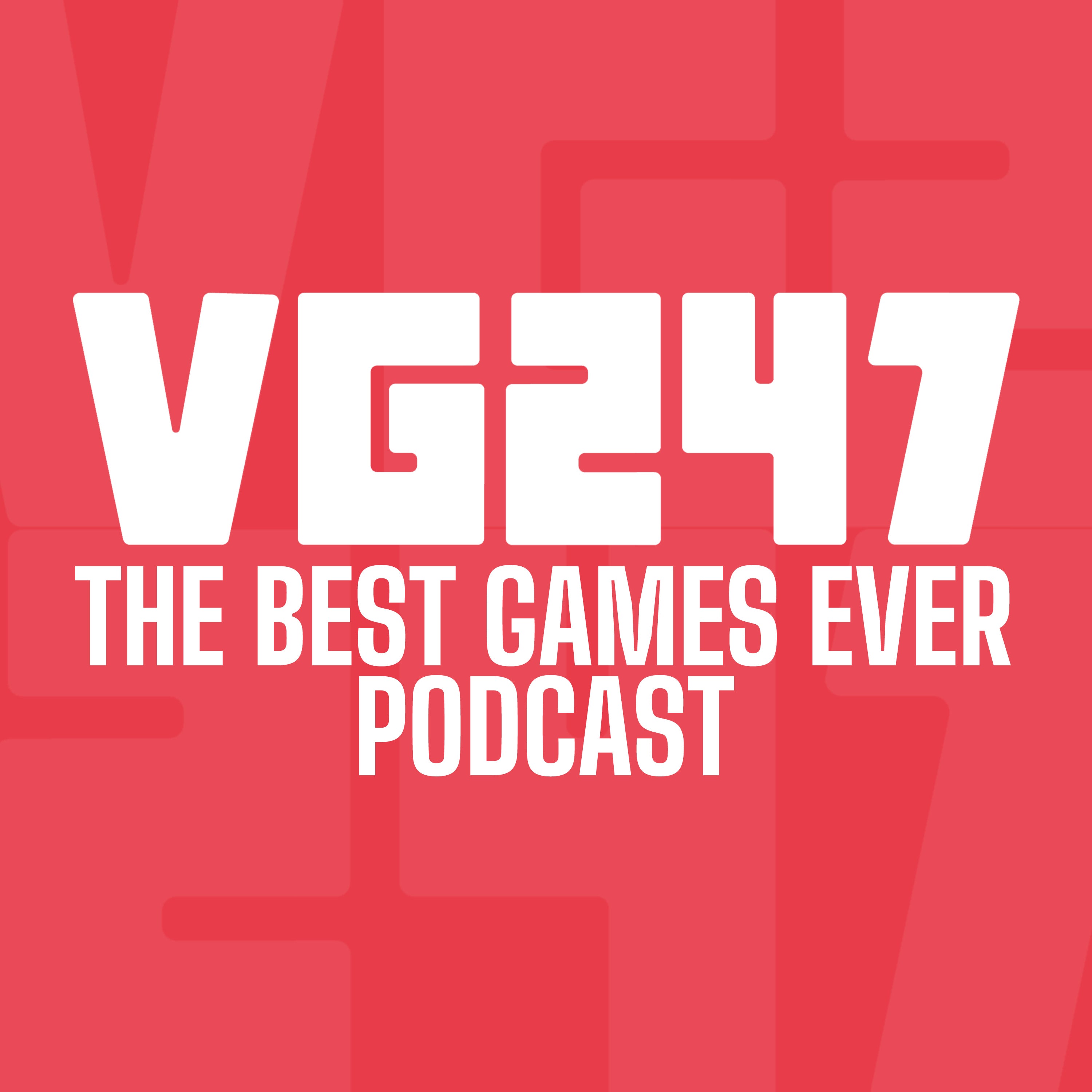 VG247'nin Şimdiye Kadarki En İyi Oyunları Podcast'i için logo.  Kırmızı zemin üzerine beyaz metin.