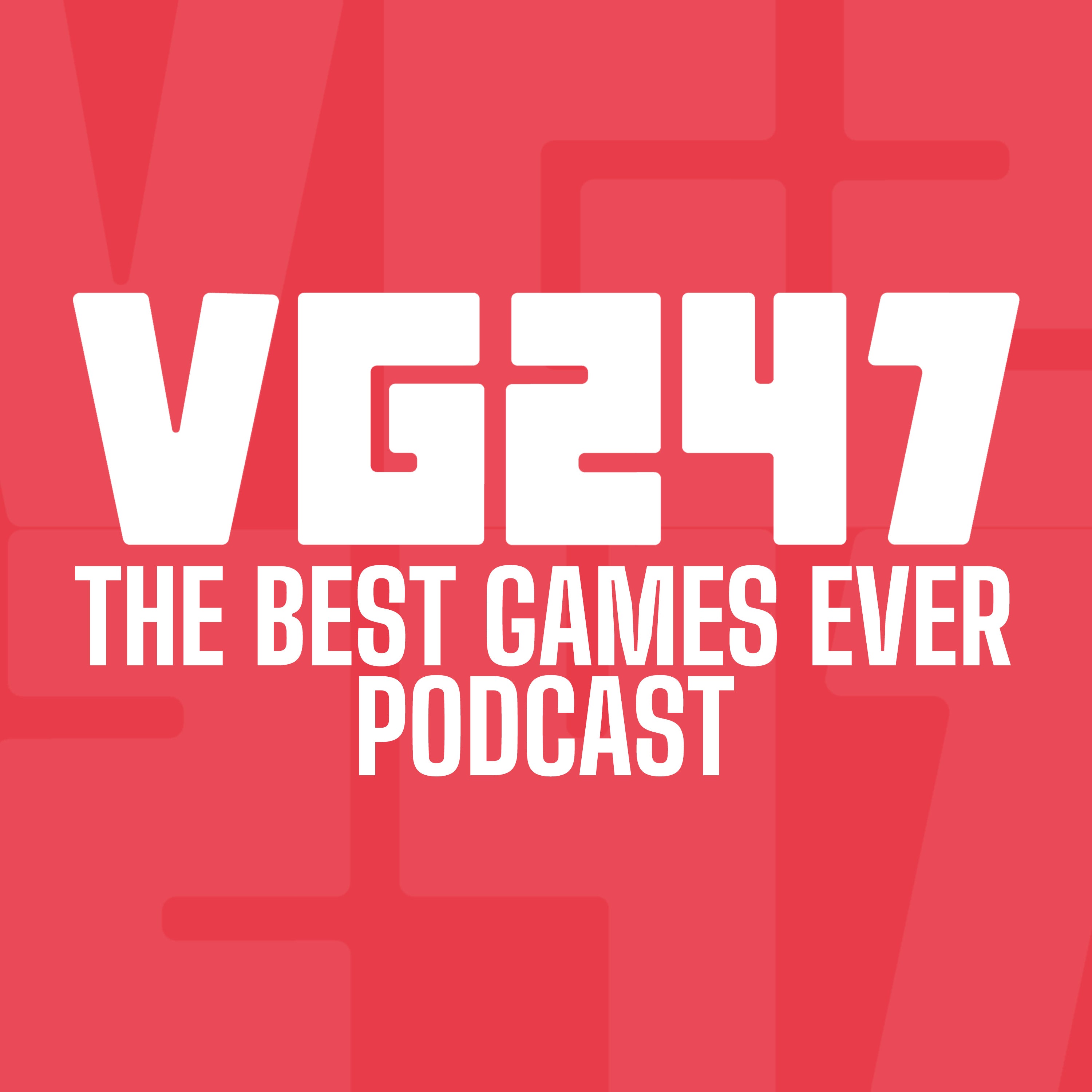 Logo für den besten Spiele-Podcast von VG247 aller Zeiten.  Weißer Text auf rotem Grund.