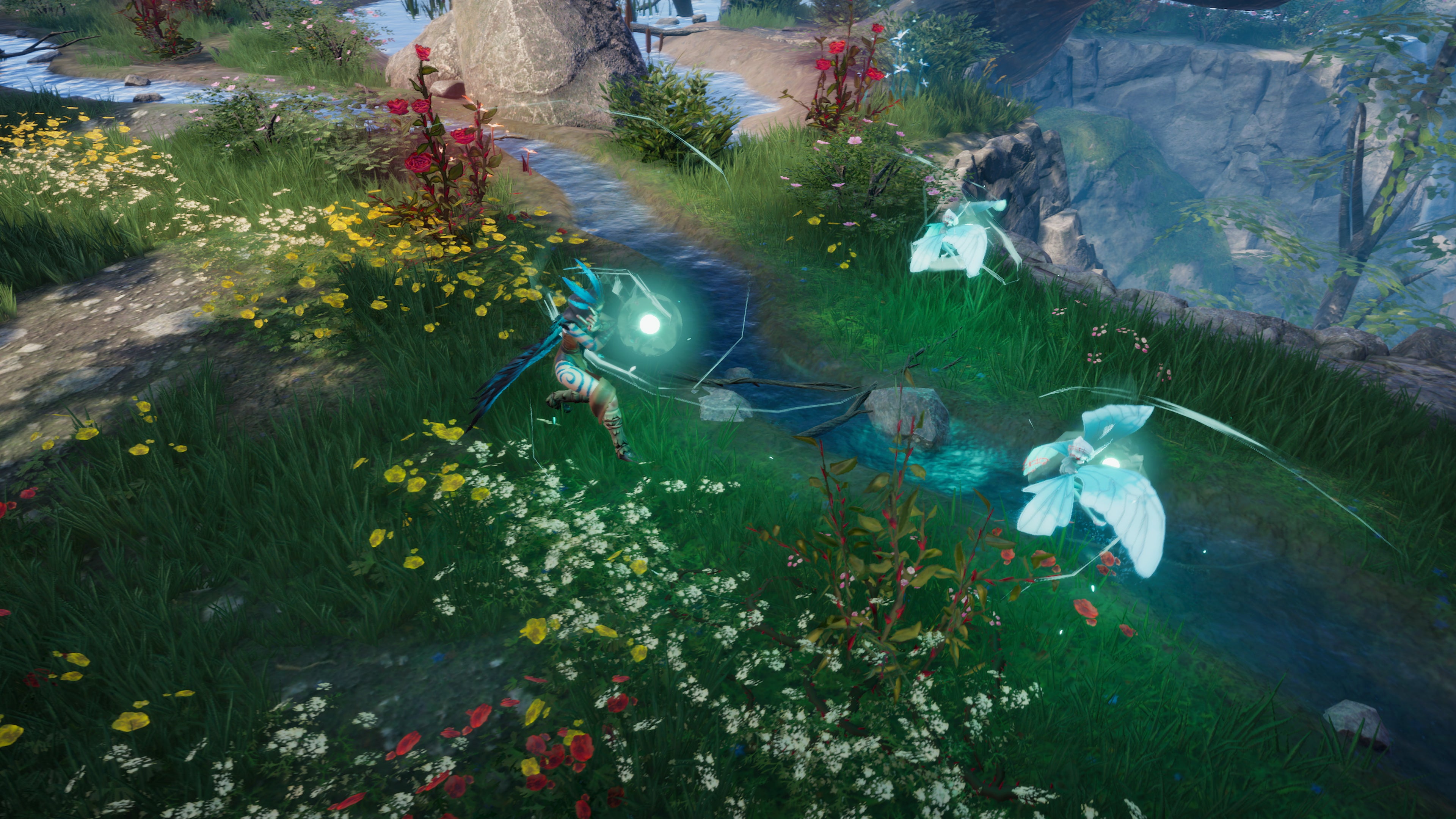 V Rising, a character covered in blue markings is using magic to interact with blue ethereal butterfly-like creatures in a grassy area