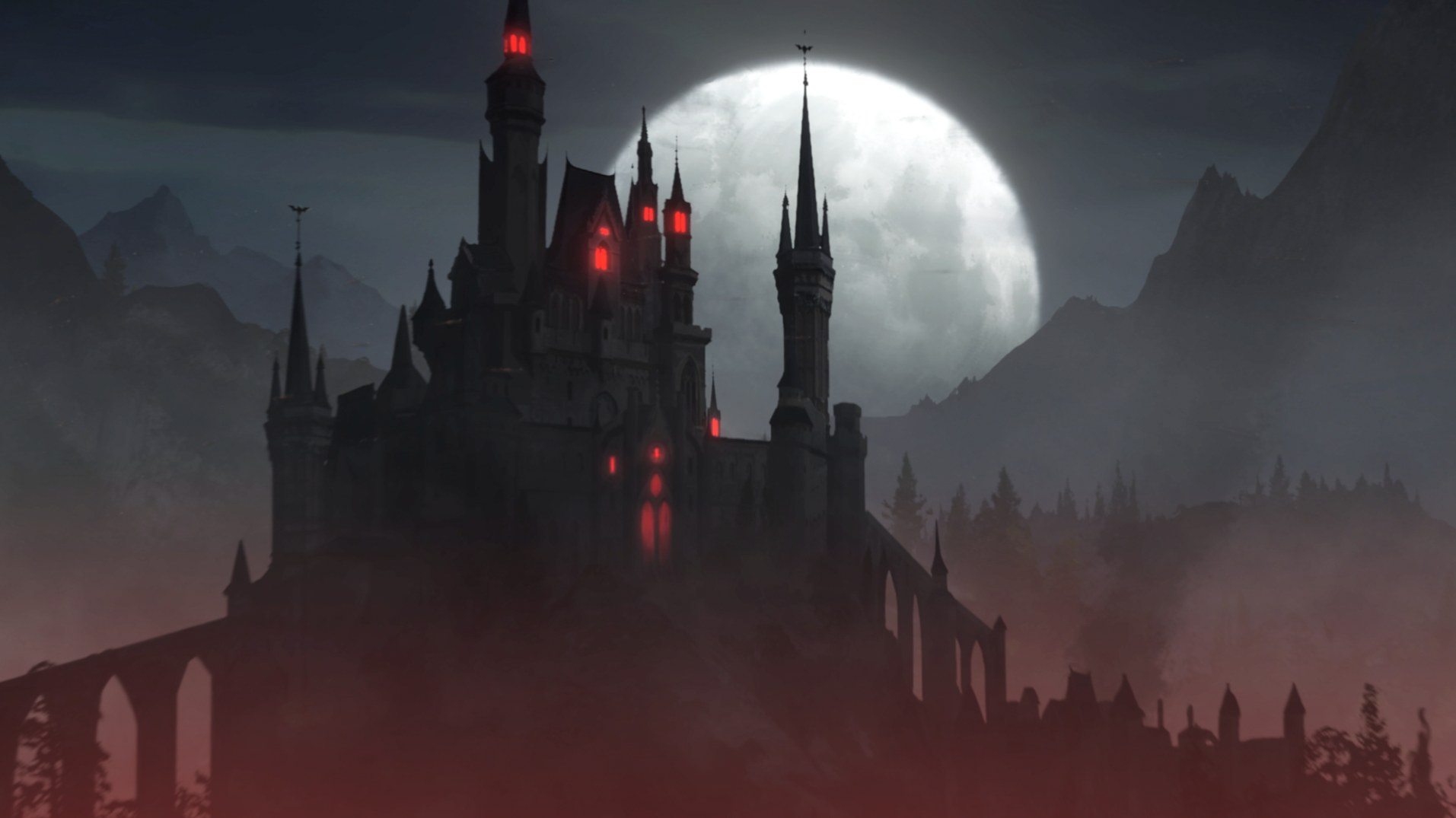 V Rising, a dark castle sits in front of a large full moon at night and it has glowing red windows