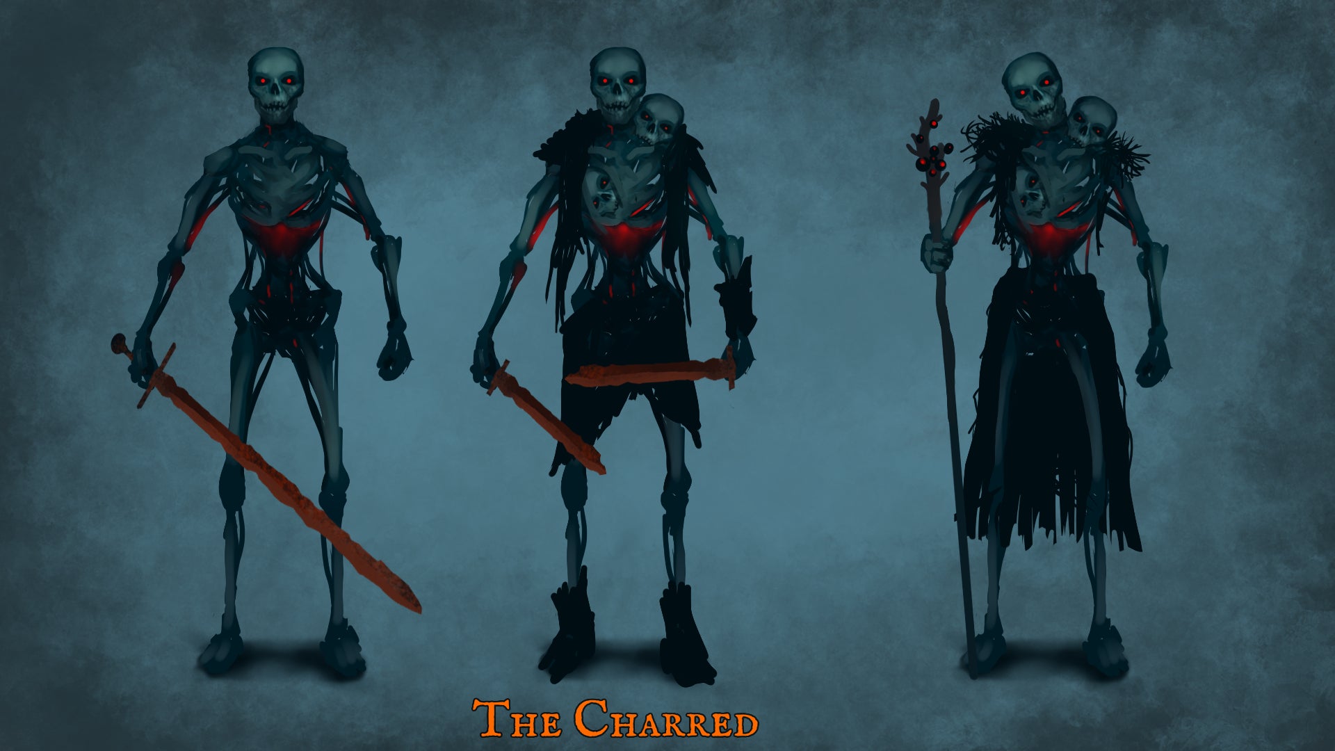 Concept art for 'The Charred' enemies in Valheim's Ashlands update