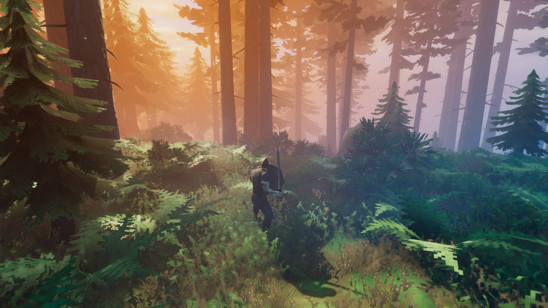 A player walks through the forest as the sun is setting in Valheim.