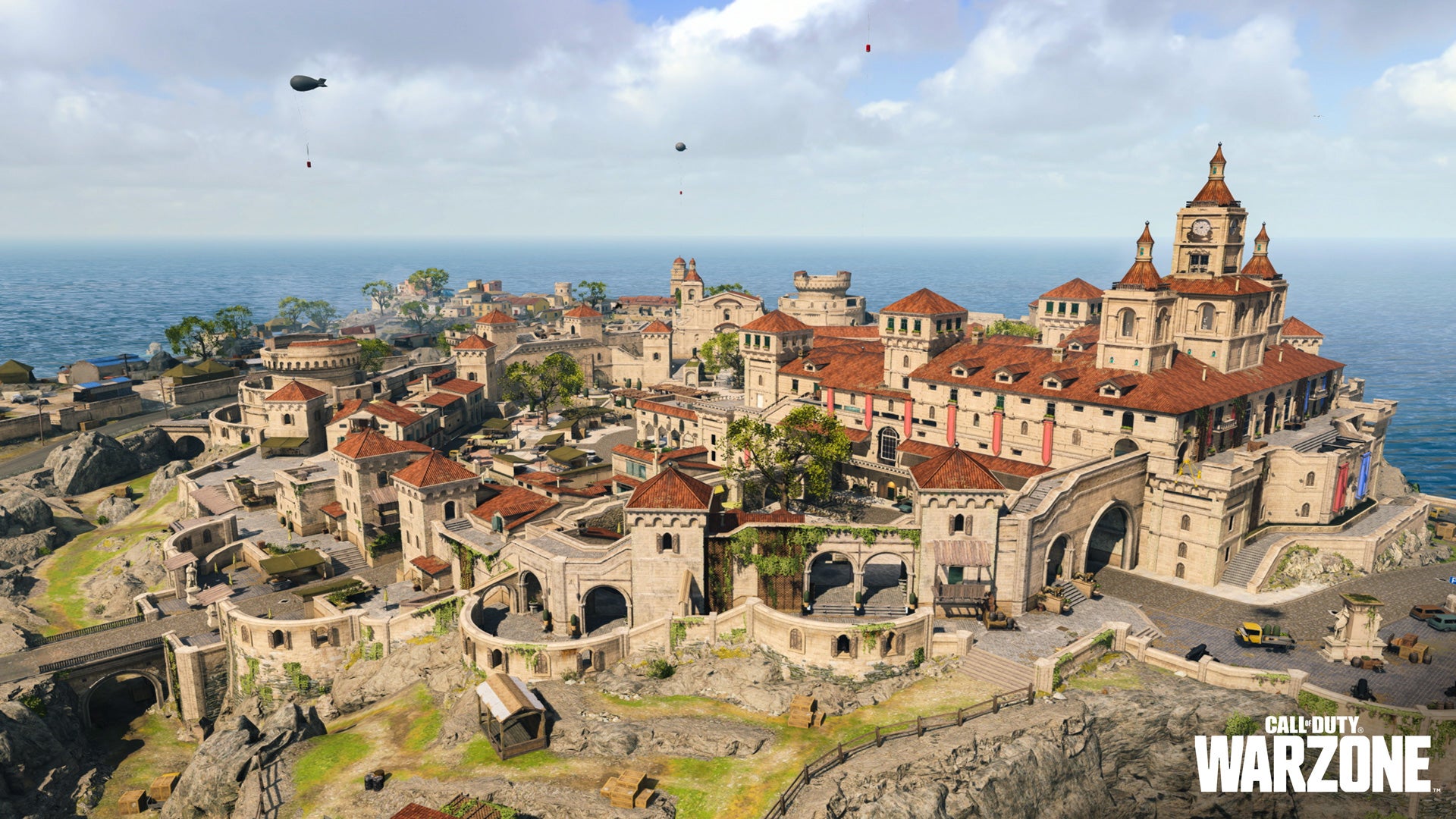 Aerial shot of the Keep POI on Fortune's Keep in Warzone season 4