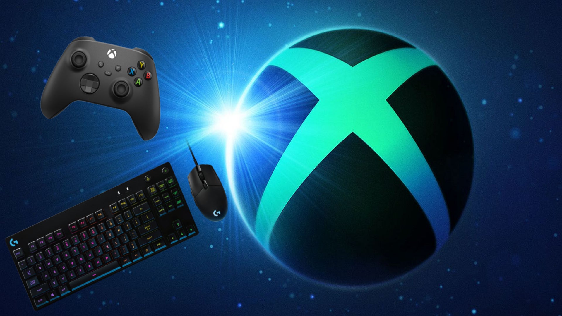 The Xbox logo is shown with an Xbox controller and Logitech keyboard and mouse beside it.