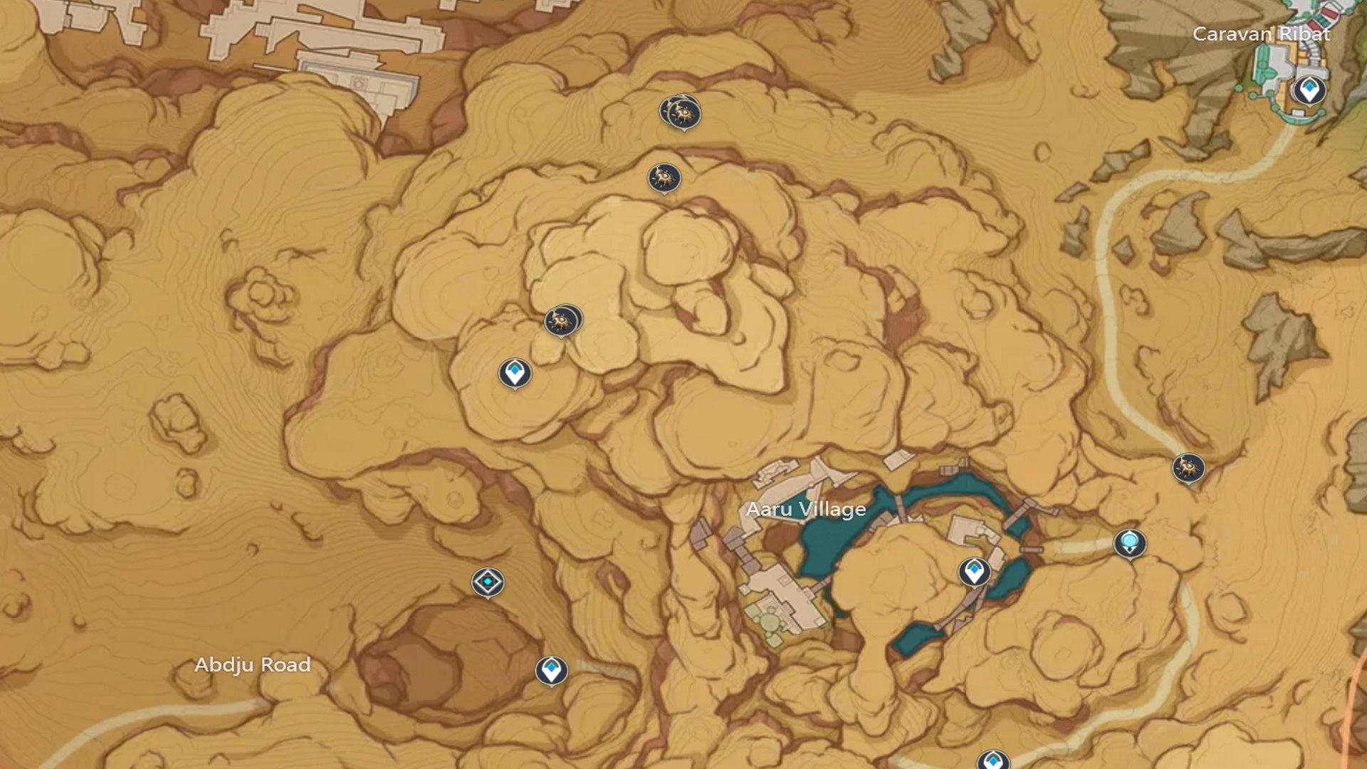 Genshin Impact Scarab locations: A map image showing Aaru Village scarab locations