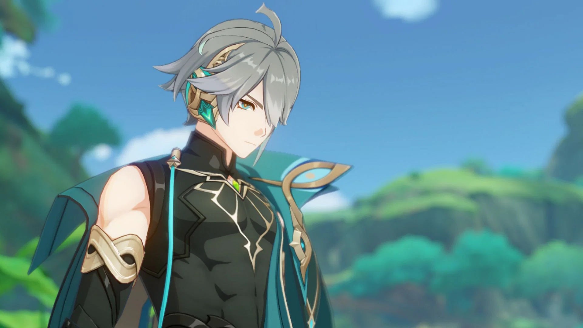 Genshin Impact Alhaitham teams: An anime man with short silver hair, wearing a green cloak over a transparent black shirt, is standing against a heavily wooded backdrop. He's looking down at an unseen item and wears a concerned expression on his face.