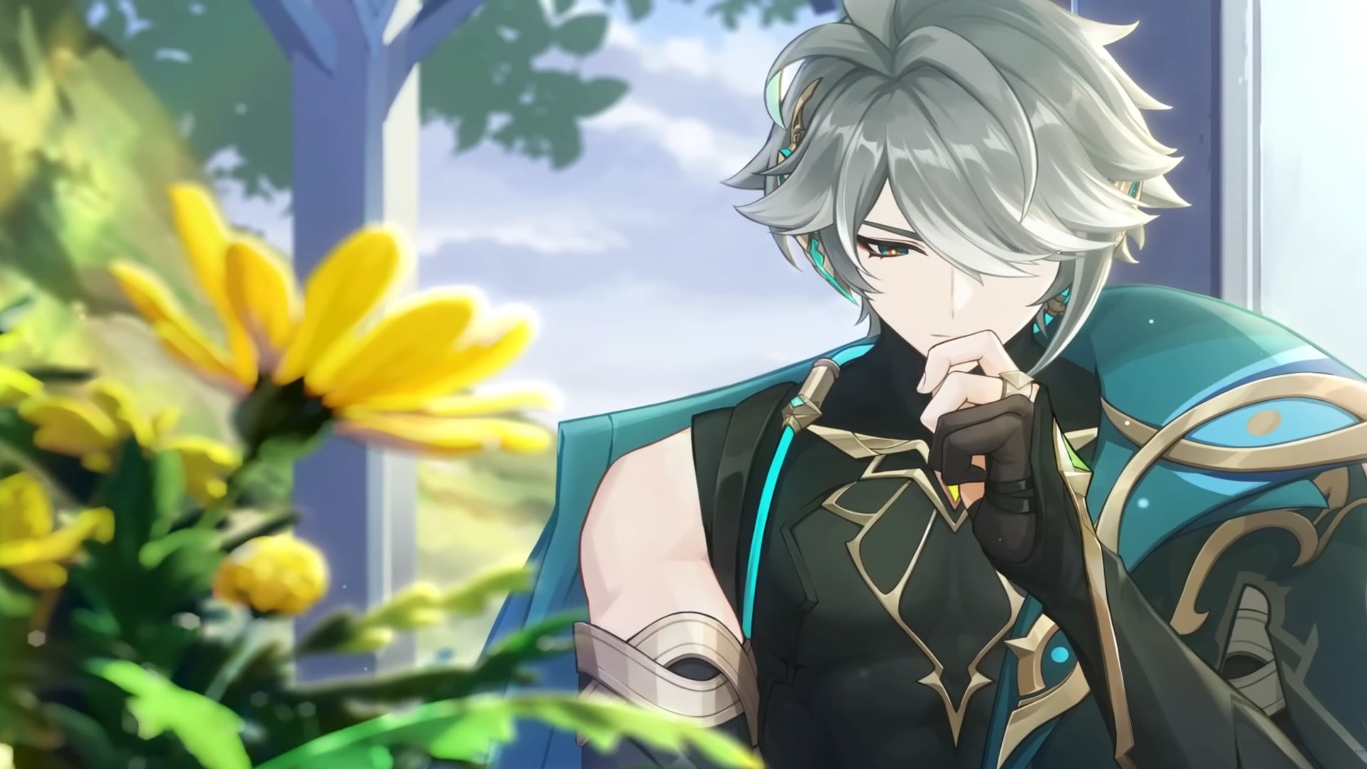 Genshin Impact Alhaitham build: An anime man with short silver hair, wearing a black tunic with a green cape, is standing next to a yellow flower and wearing a thoughtful expression on his face