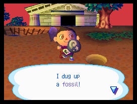 A player digs up a fossil in Animal Crossing: Wild World.