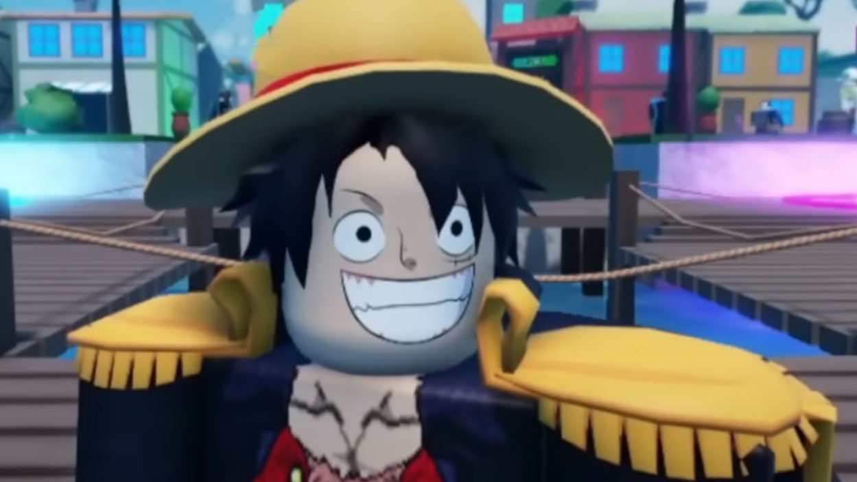 A character based on hit anime series One Piece smiling in the Roblox game Anime Souls Simulator