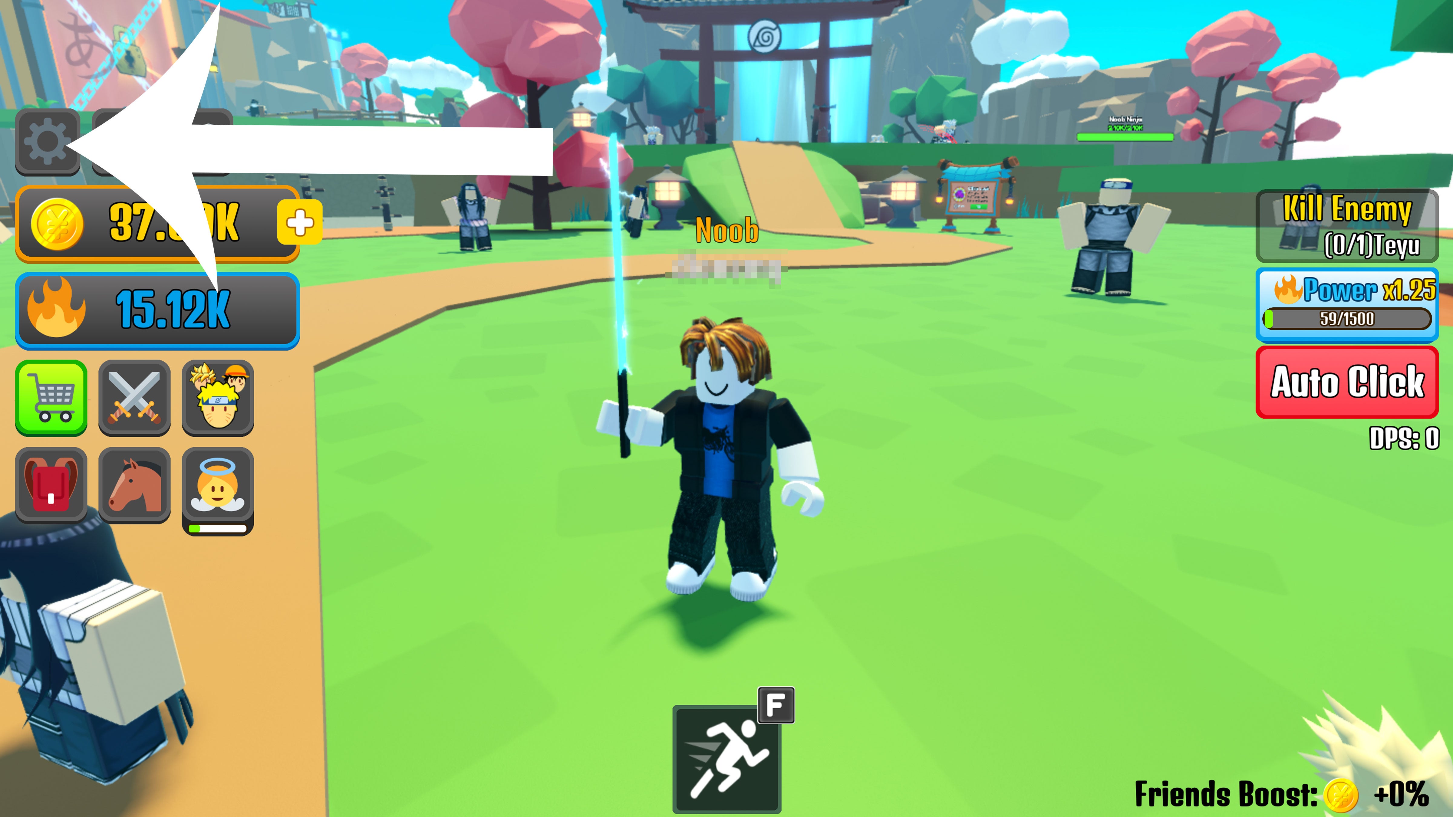 A Roblox character in Anime Weapon Simulator and an arrow pointing at the UI showing where in the menu players need to redeem a code