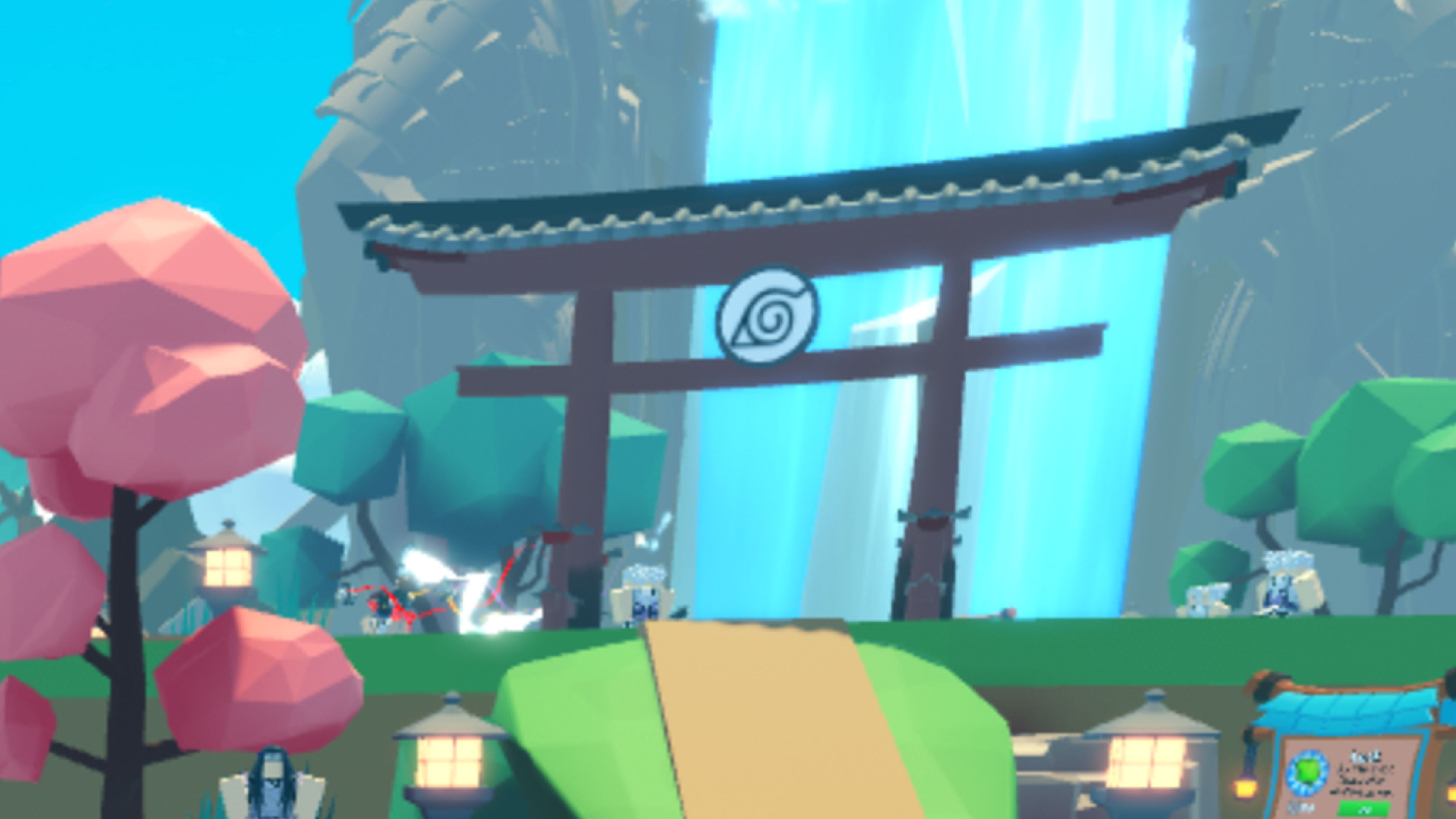 A Torii gate and waterfall seen in Roblox game Anime Weapon Simulator