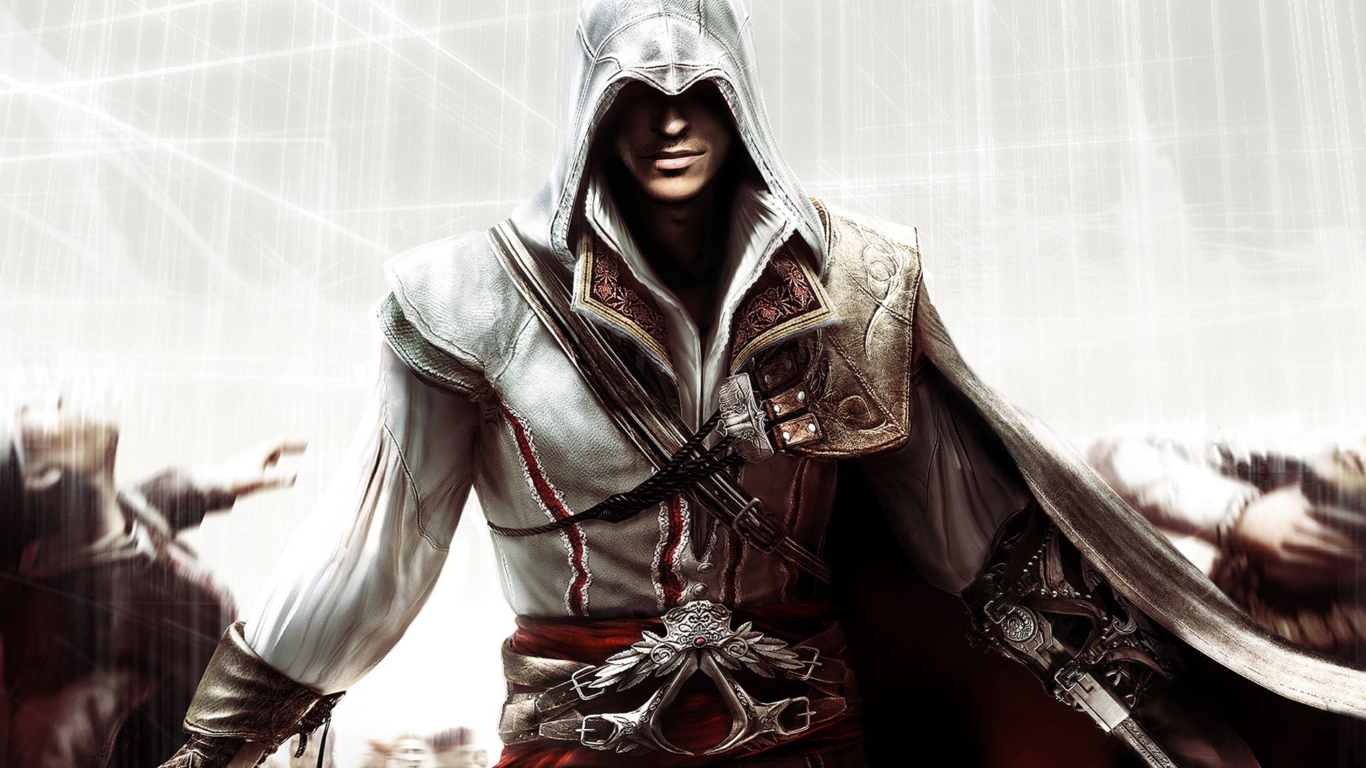 Key art of Assassin's Creed 2 showing Ezio in a white void.