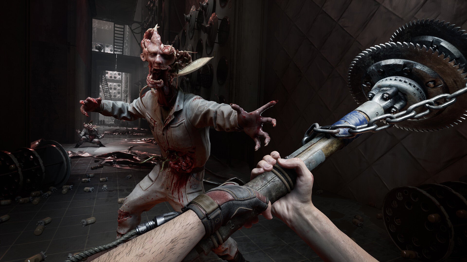 Atomic Heart's protagonist swinging a spiked bat at an enemy.