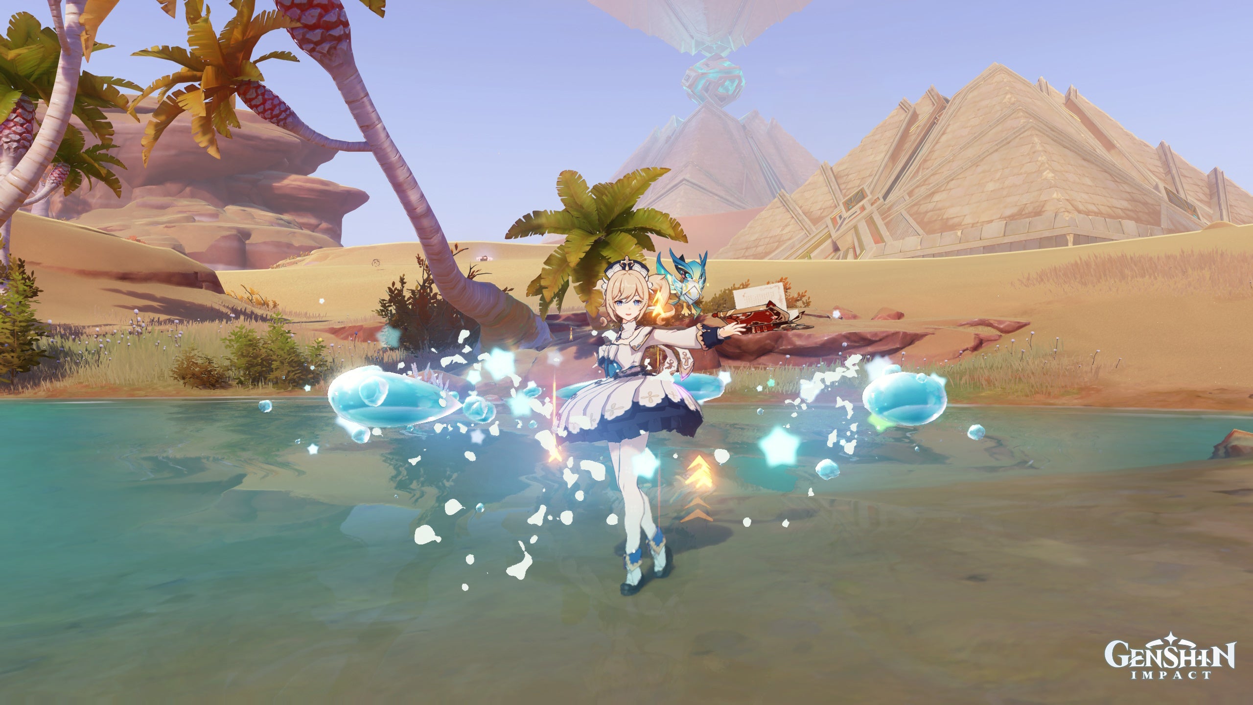Genshin Impact Barbara materials: An anime girl with straw-colored hair in pigtails, wearing a pointed cap and dove-grey dress, is standing in an oasis with sparkling bubbles around her